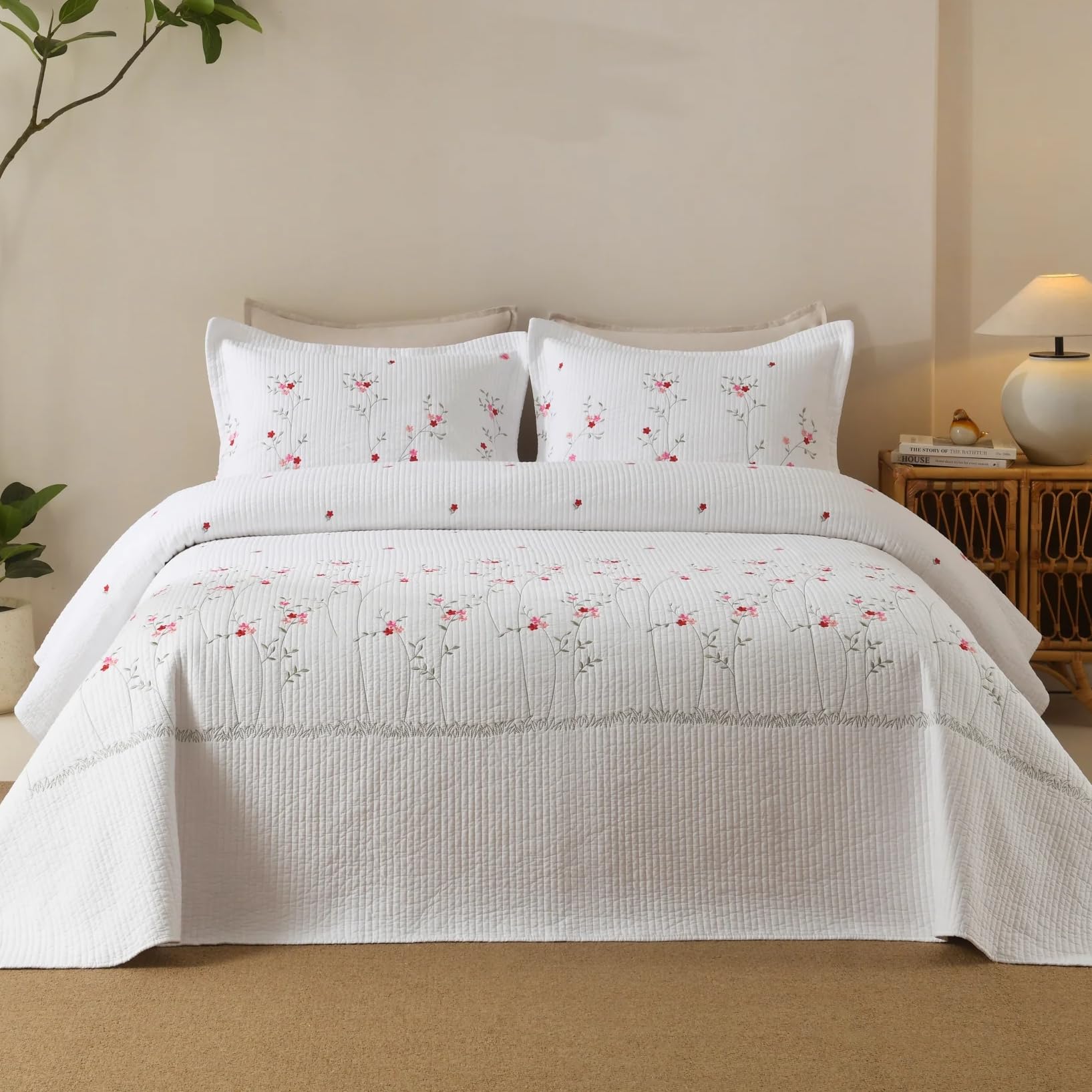 MarCielo 3pcs Cotton Quilt Set White Red Floral