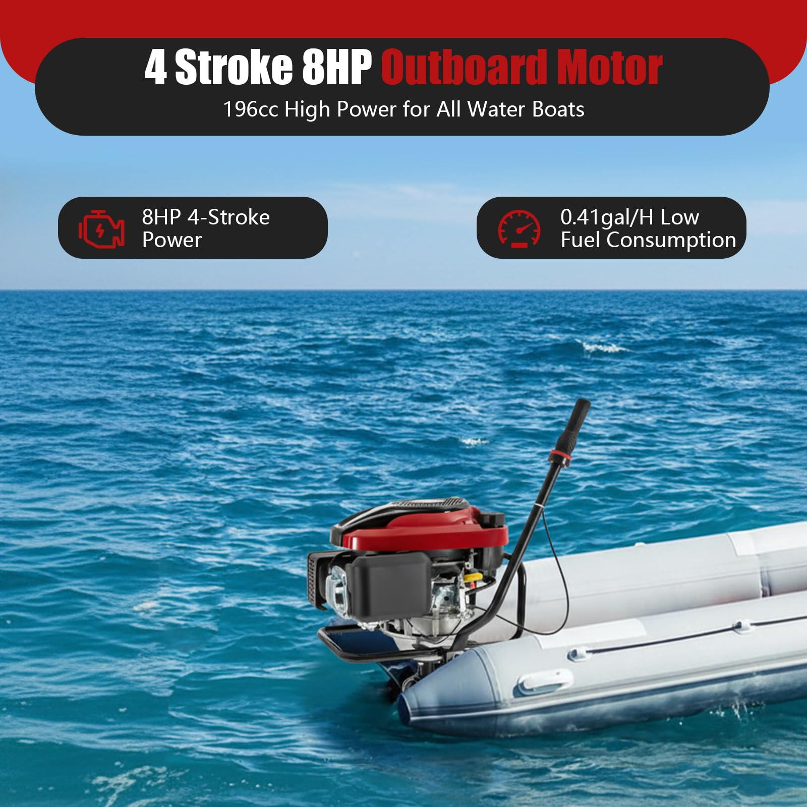 Motore fuoribordo a 4 tempi, 8 CV, 196 cc, 4500 giri/min, motore a benzina con sistema di raffreddamento e sistema di accensione TCI, motore fuoribordo professionale per gommoni, barche da