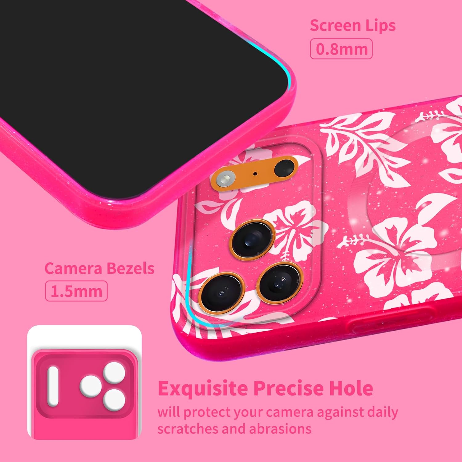 Compatible with iPhone 17 Pro Case Compatible with Magsafe, Glitter Pink Case with Cute Flower Floral for Girls Women Girly Bling Soft Magnetic Cover for 17 Pro, White Hibiscus image 5