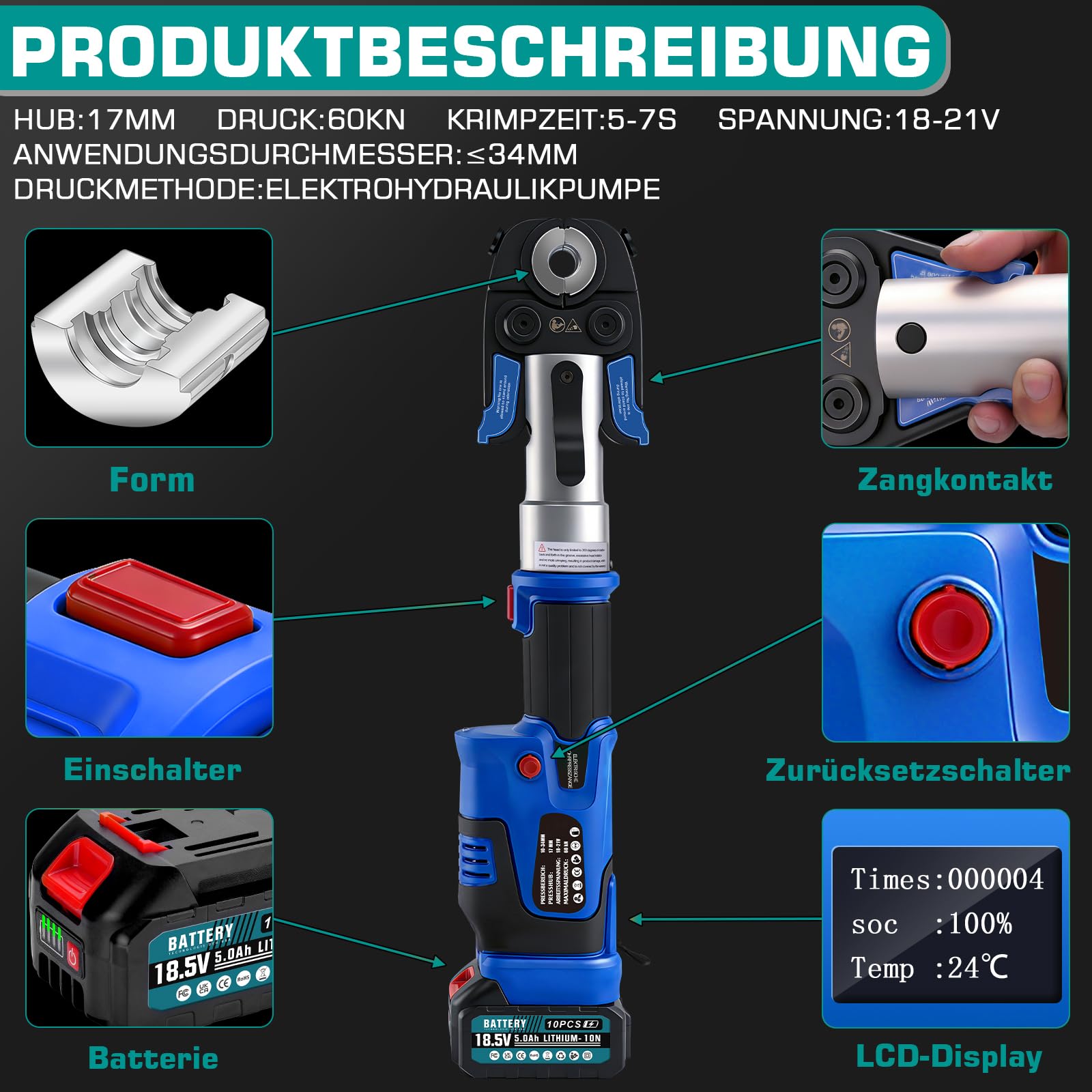 18V Offene Zange Akku Presszangen Set mit 2*Akkus und Schnellladegerät | Akku Rohrpresswerkzeug incl. CR V12 V15 V18 V22 V28 Und TH16 TH20 TH26 TH32 für Kupferrohr, Edelstahlrohr, Verbundrohr Blau