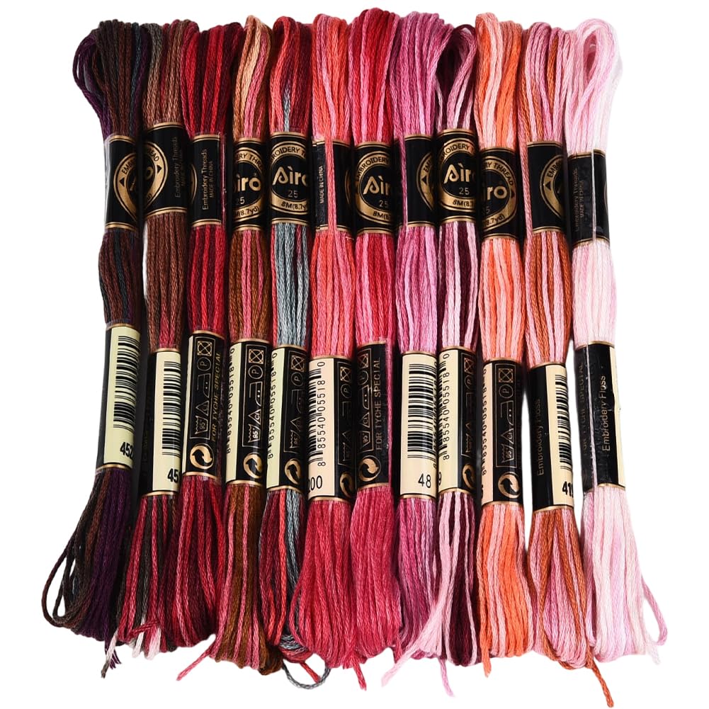 CABODYALS 12 Skeins 96M Embroidery Thread Variegated Cross Stitch Floss Bulk 6 Ply Polyester Yarn Colorful Red Friendship Bracelet String for Sewing Making Needlecraft Knitting Clothes Stitching