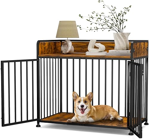 Miniatura 7 de Mueble de jaula para perros de 42 pulgadas, perrera mediana para interiores, perrera grande de interior para razas grandes, mesa de jaula de madera