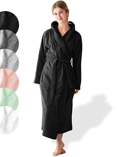 SIEGENTHAL® Damen Bademantel Frottee Velour 100% Baumwolle mit Kapuze Weich S bis XL – Kuscheliger Bademantel für Frauen, Komfortabel, Waschbar, Weich und Sanft - Schwarz - S-M