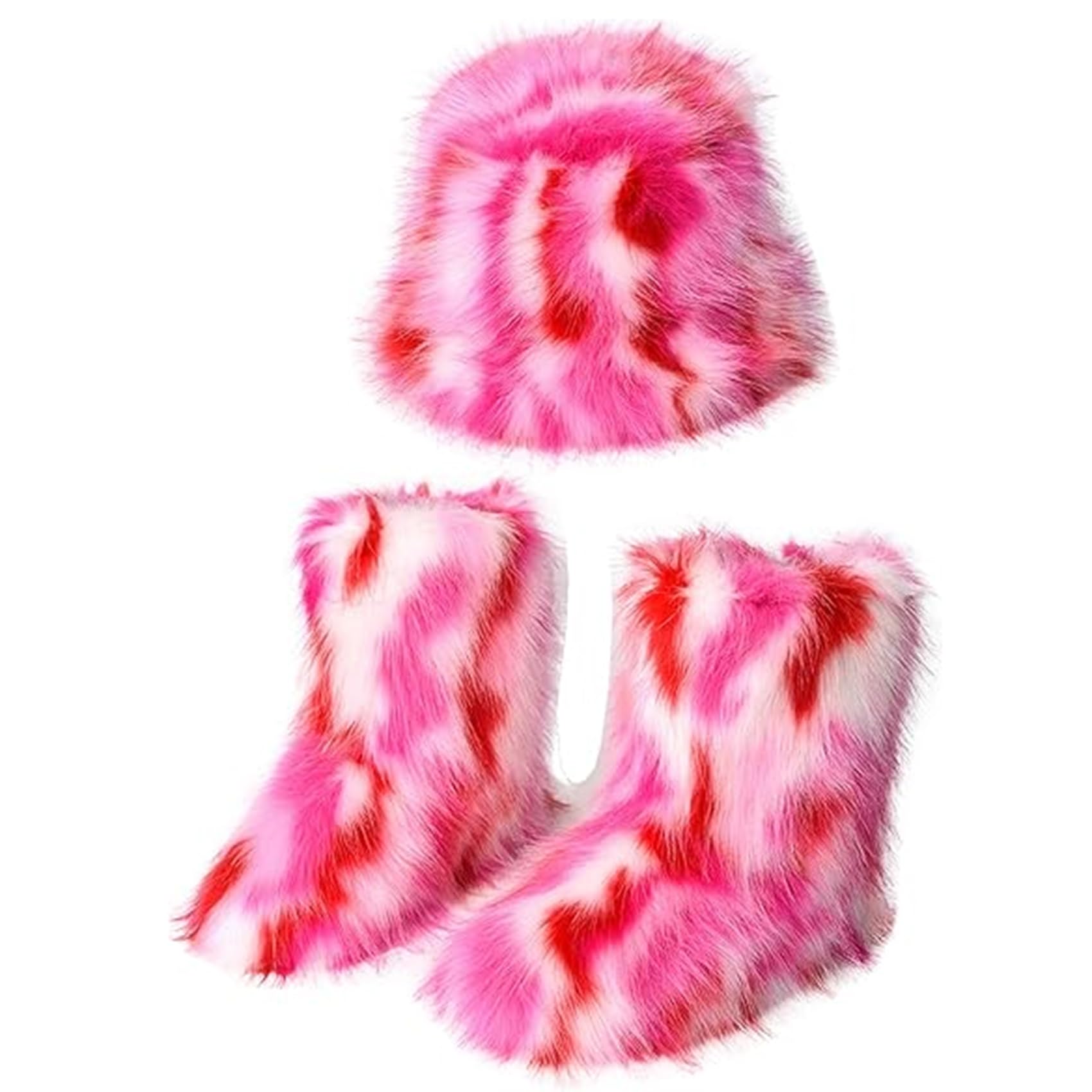 yamerbo Women's Faux Fur Y2k Furry Snow Boots Fuzzy Bucket Hat Cap Winter Mid-Calf Snow Shoes Halloween Aesthetic Streetwear