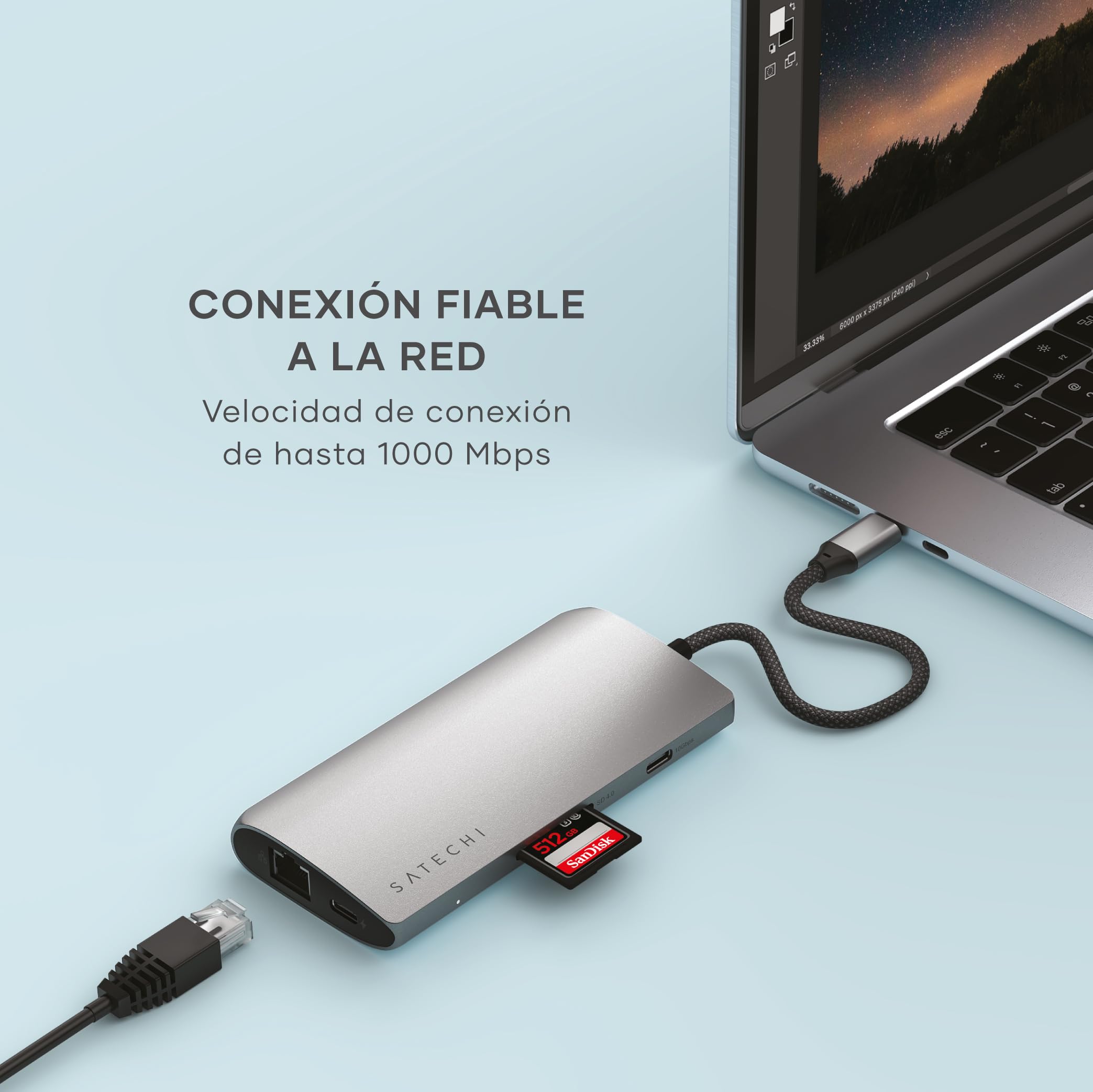 SATECHI Hub USB C 8 en 1 con Ethernet, HDMI 8K@30Hz, Carga PD 85W, 4 Puertos USB-C 10 Gbps, Transferencia de Datos y Lector SD UHS-II para MacBook Air y Pro, PC y más – Gris Espacial V3