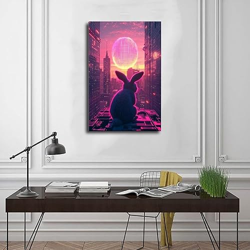 Miniatura 3 de Retro Futuristic Easter Wall Art  Neon Bunny with Cyber Egg  Synthwave 80s Sci-Fi Cityscape Poster  Unique Easter Decor & Gift for Vaporwave Fans