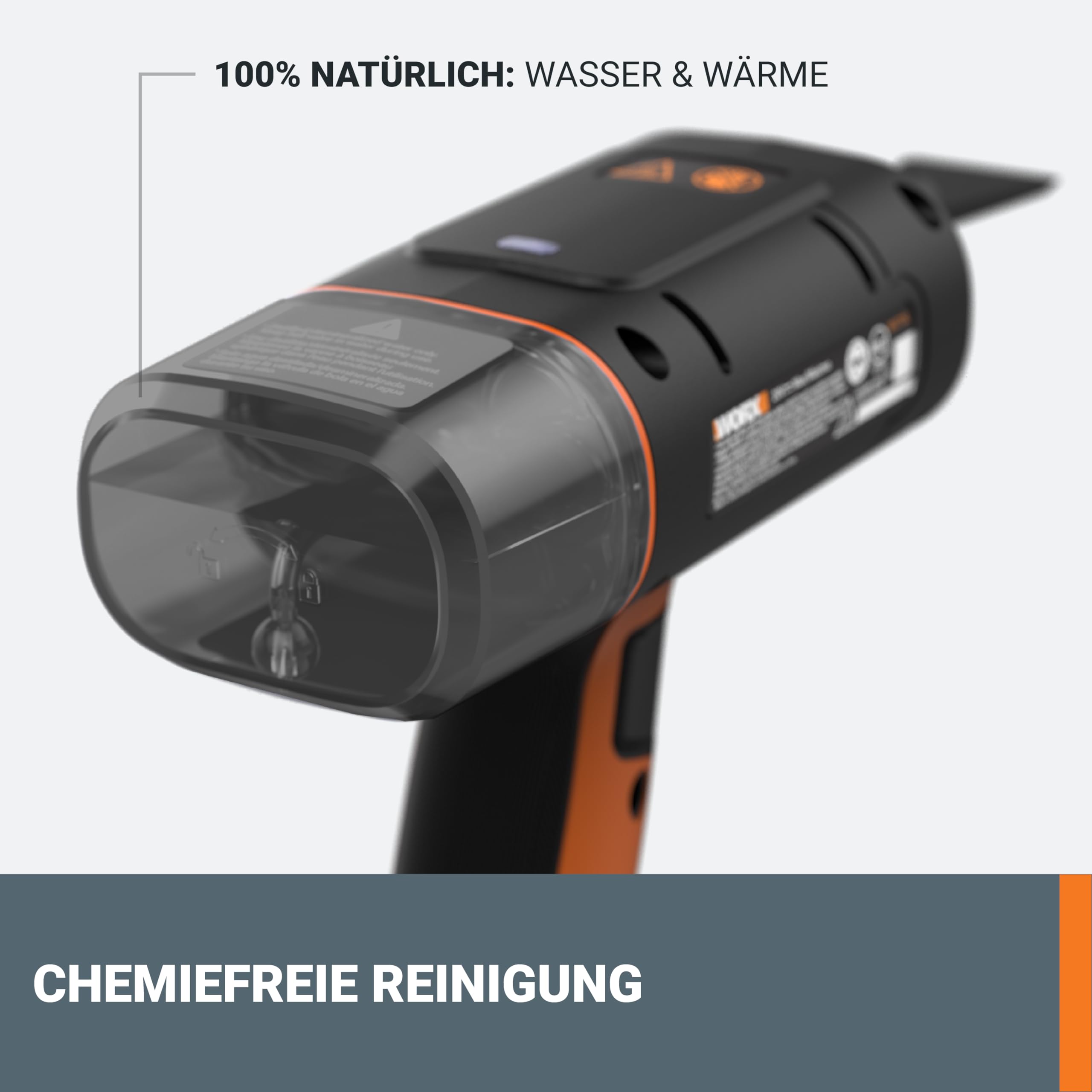 WORX 20V kabelloser Handdampfreiniger WX770.9, ohne Akku & Ladegerät | Dampfreiniger für 220°F, tötet Keime, 8-Sekunden-Vorheizung, leichter und tragbarer Dampfreiniger für Zuhause & Auto, leicht