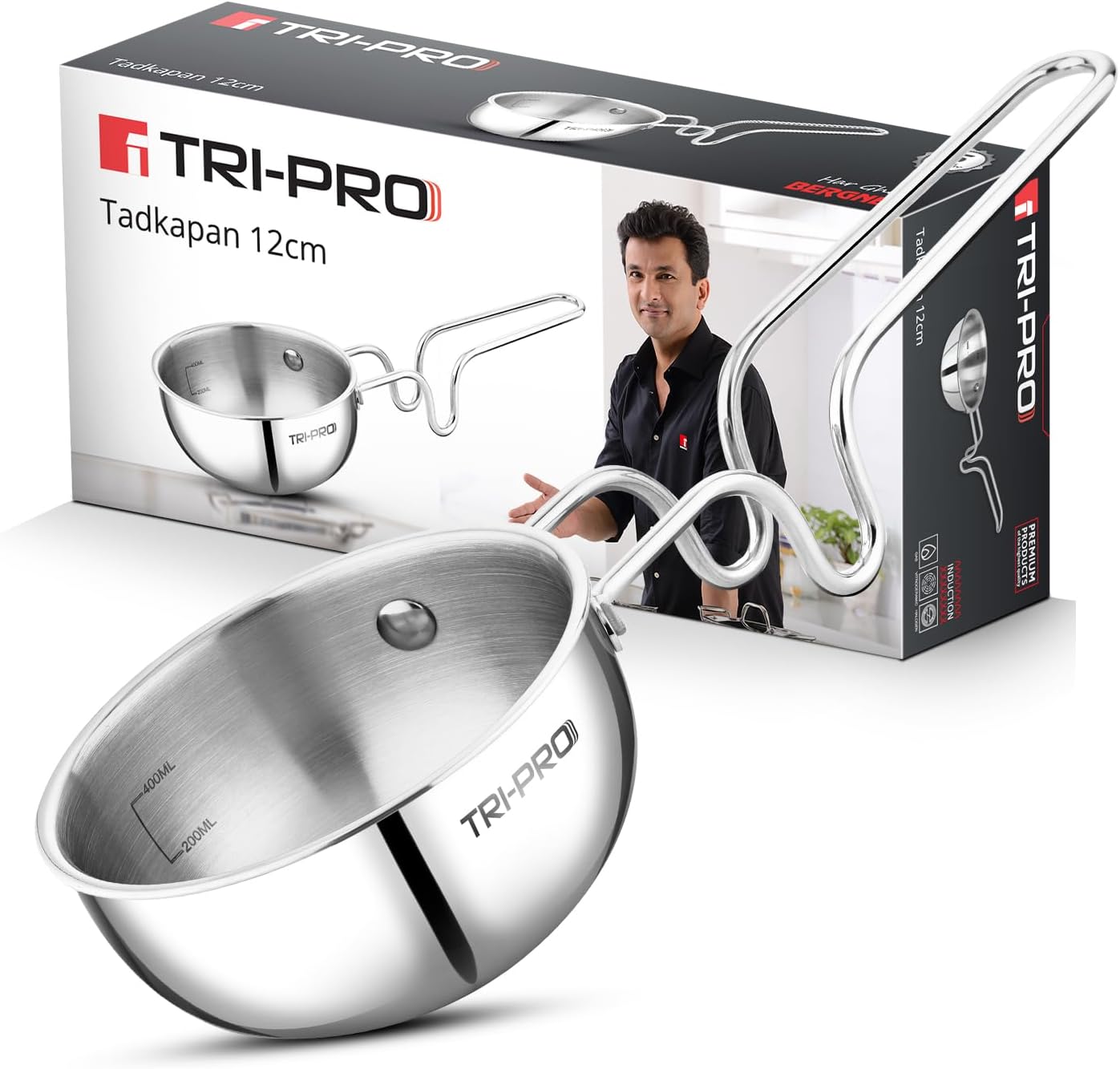 Bergner TriPro TriPly Stainless Steel 12cm Tadka Pan, 500ml Capacity, For Spice Tempering/Seasoning, Long Wire Handle, Laser-Etched Scale, Smooth Finished Surface, Induction Bottom and Gas Stove Ready