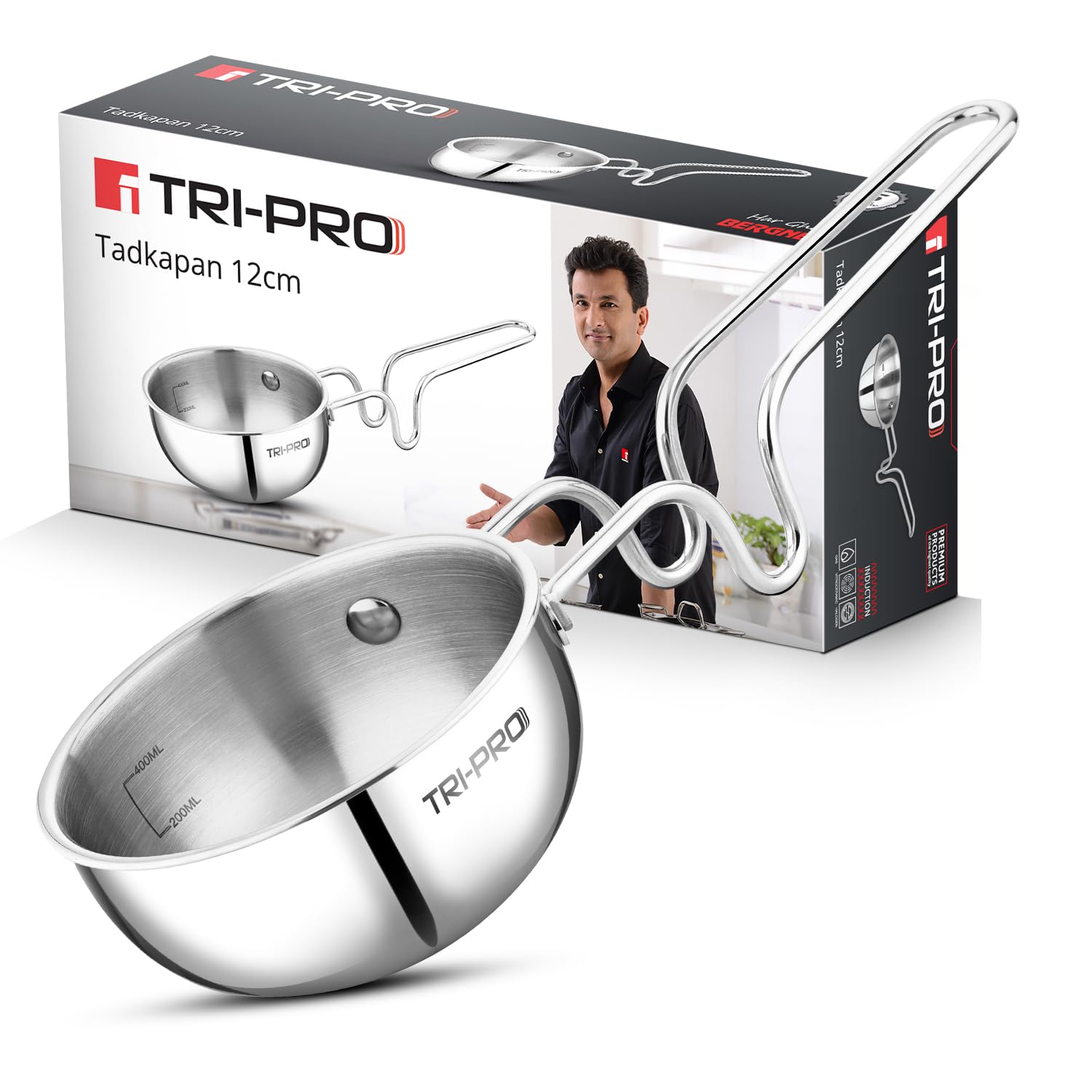Bergner TriPro TriPly Stainless Steel 12cm Tadka Pan, 500ml Capacity, For Spice Tempering/Seasoning, Long Wire Handle, Laser-Etched Scale, Smooth Finished Surface, Induction Bottom and Gas Stove Ready-picture-29