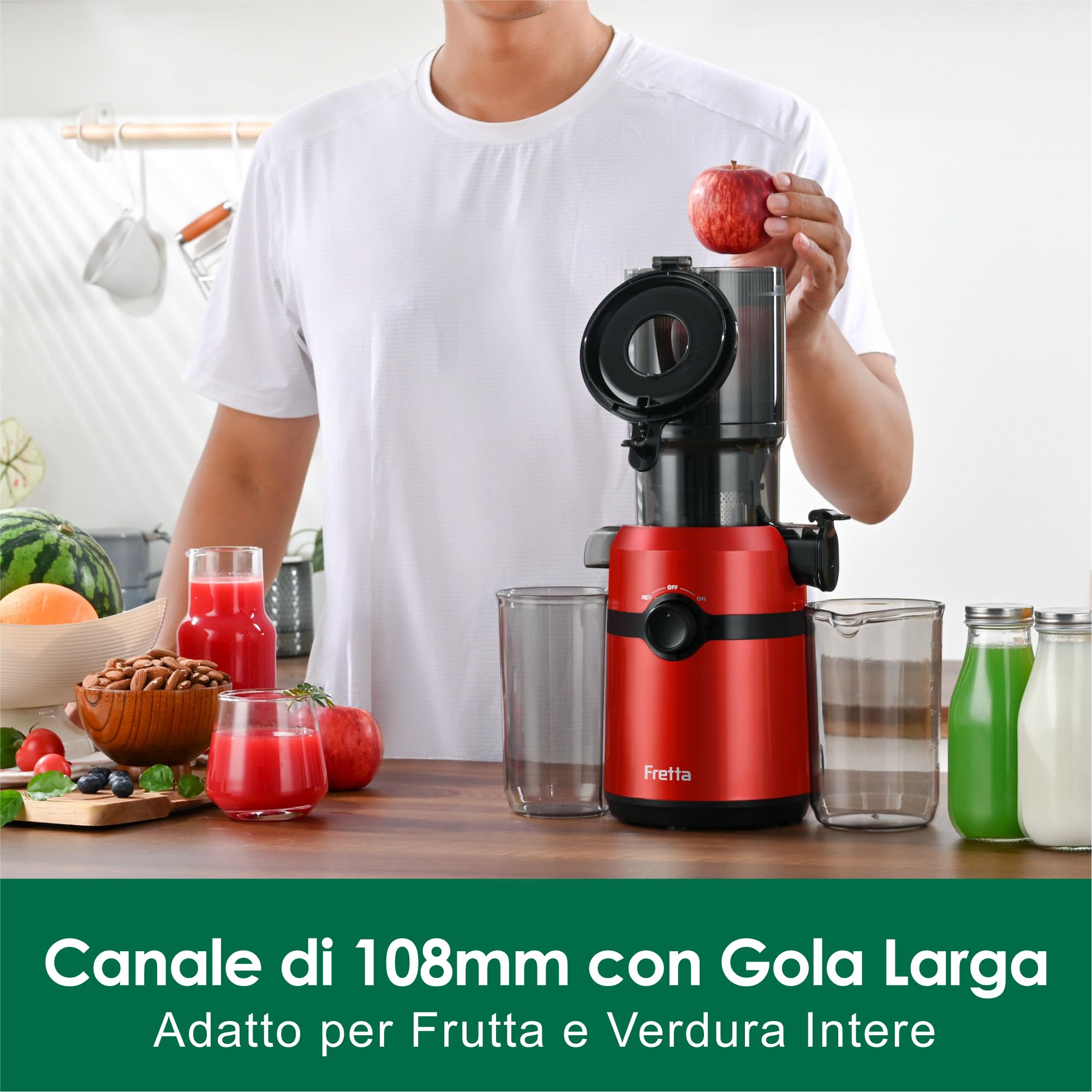 Fretta Estrattore Frutta e Verdura, Apertura Larga da 108mm Adatta a Frutta e Verdure, 1L Capacità, 200W Centrifuga Lenta, 99% Nutrienti Preservati, BPA Free, Facile da Smontare e Pulire