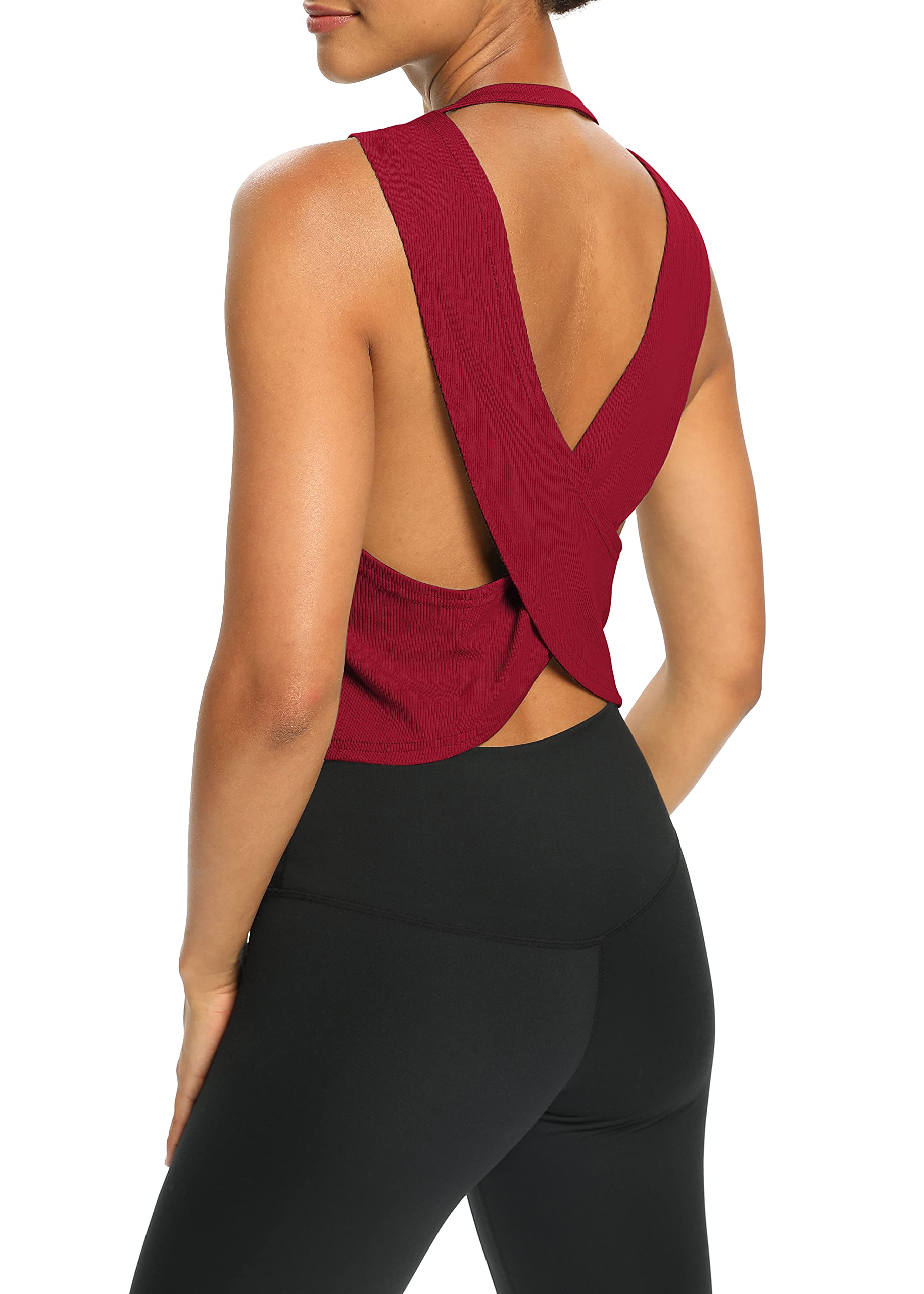 Bestisun Damskie topy treningowe luźny krój, zwiewne, przycięte bezrękawniki, koszulki sportowe z odkrytymi plecami, krótkie topy dla kobiet, czerwony (wine red), XL