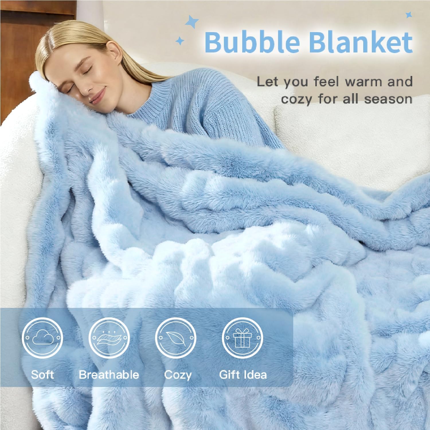 Light Blue Faux Fur Fluffy Blanket Plush Fuzzy Throw Blanket for Couch Sofa Soft Fleece Winter Warm Bubble Bed Throw, 51"x63"