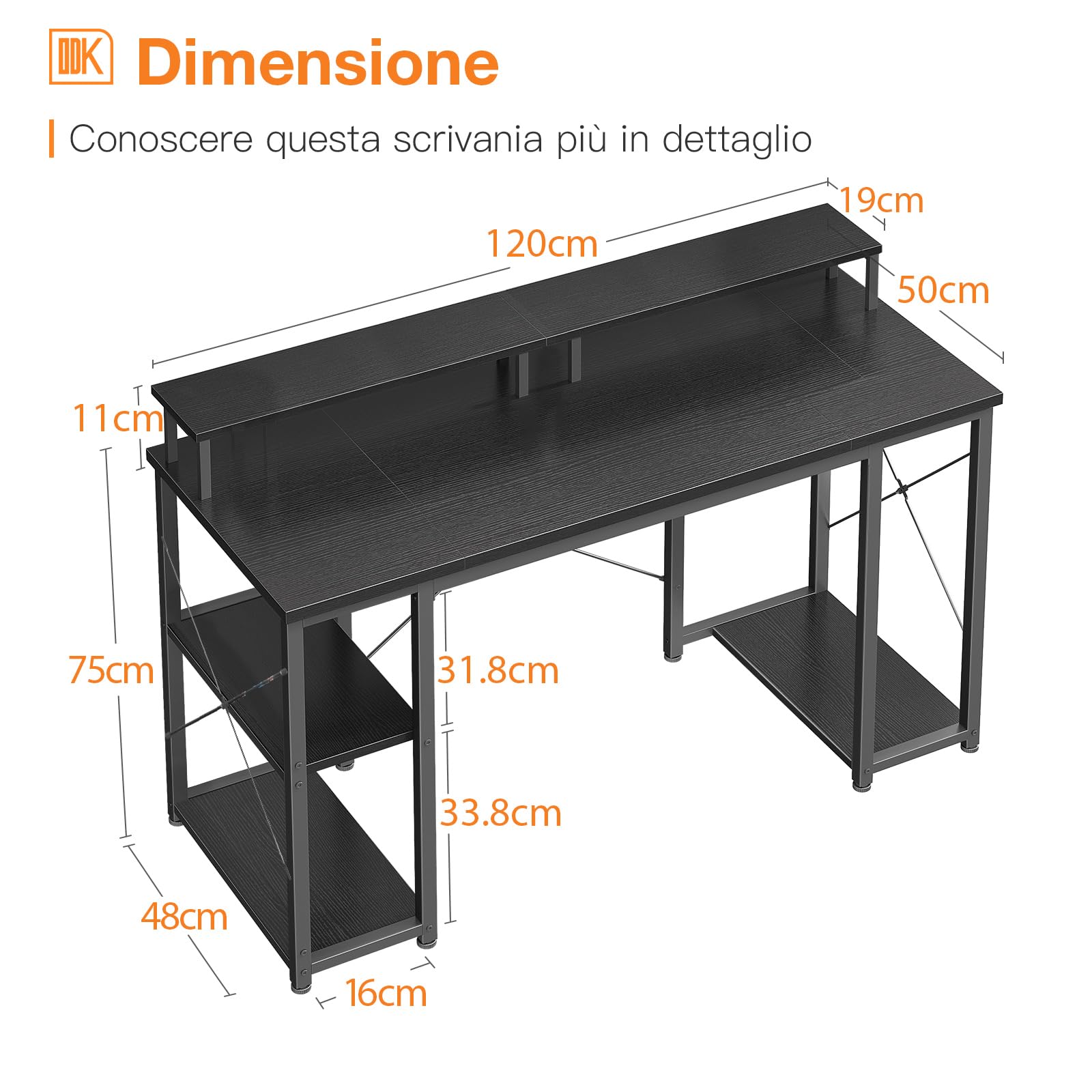 ODK Scrivania con Ripiano Reversibile, Scrivania Gaming con Supporto per Monitor e Ripiano di Stoccaggio, Scrivania Ufficio Tavolo per Computer per Ufficio, Camera da Letto (Nero, 120x50x86.5cm)