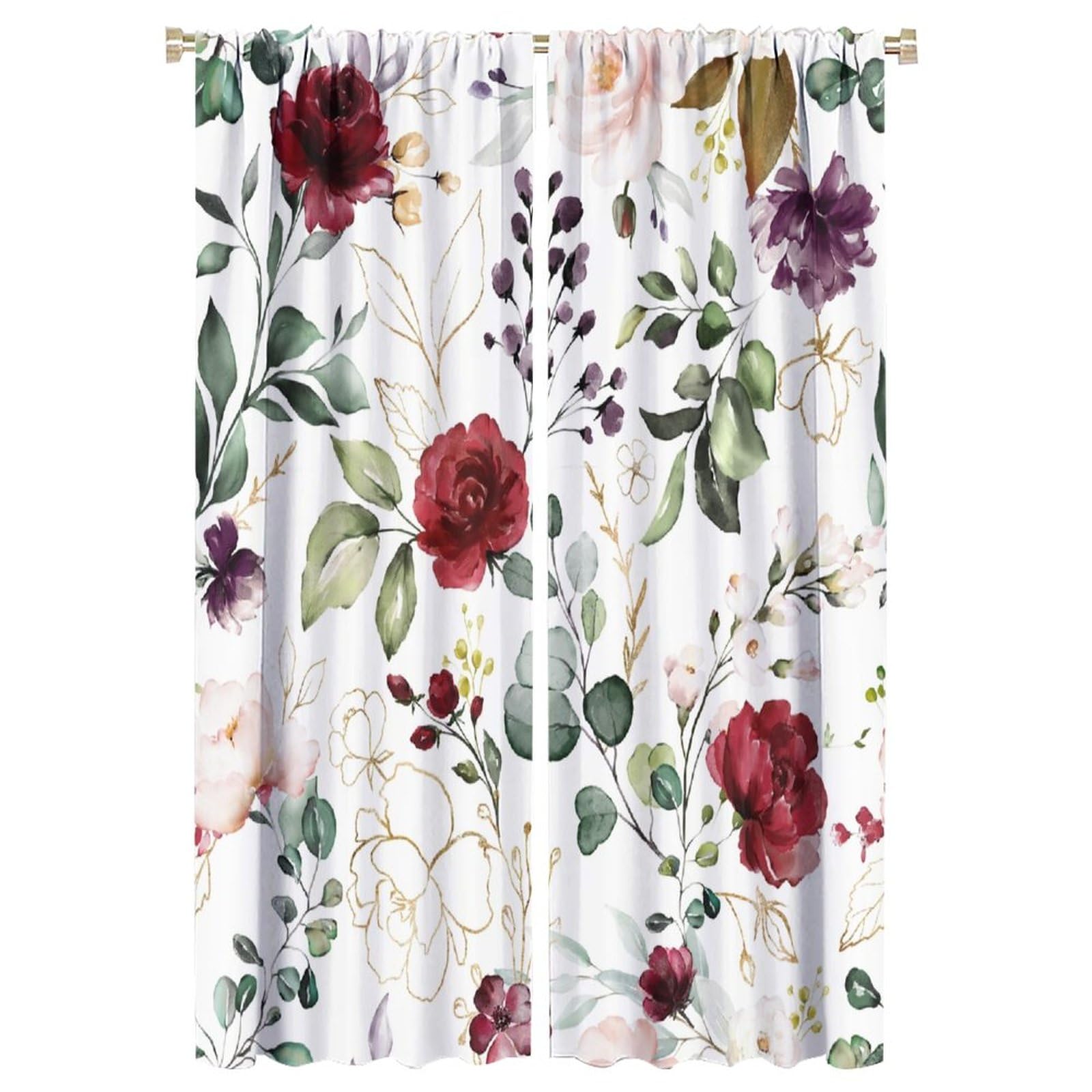 BenYaSong Floral Blackout Window Curtain Burgundy Flowers Plant Leaves Curtain Botanical Wildflower Green Gold for Home Kitchen Office Coffee Room Window Curtain Drapes 2 Panels 42x63in