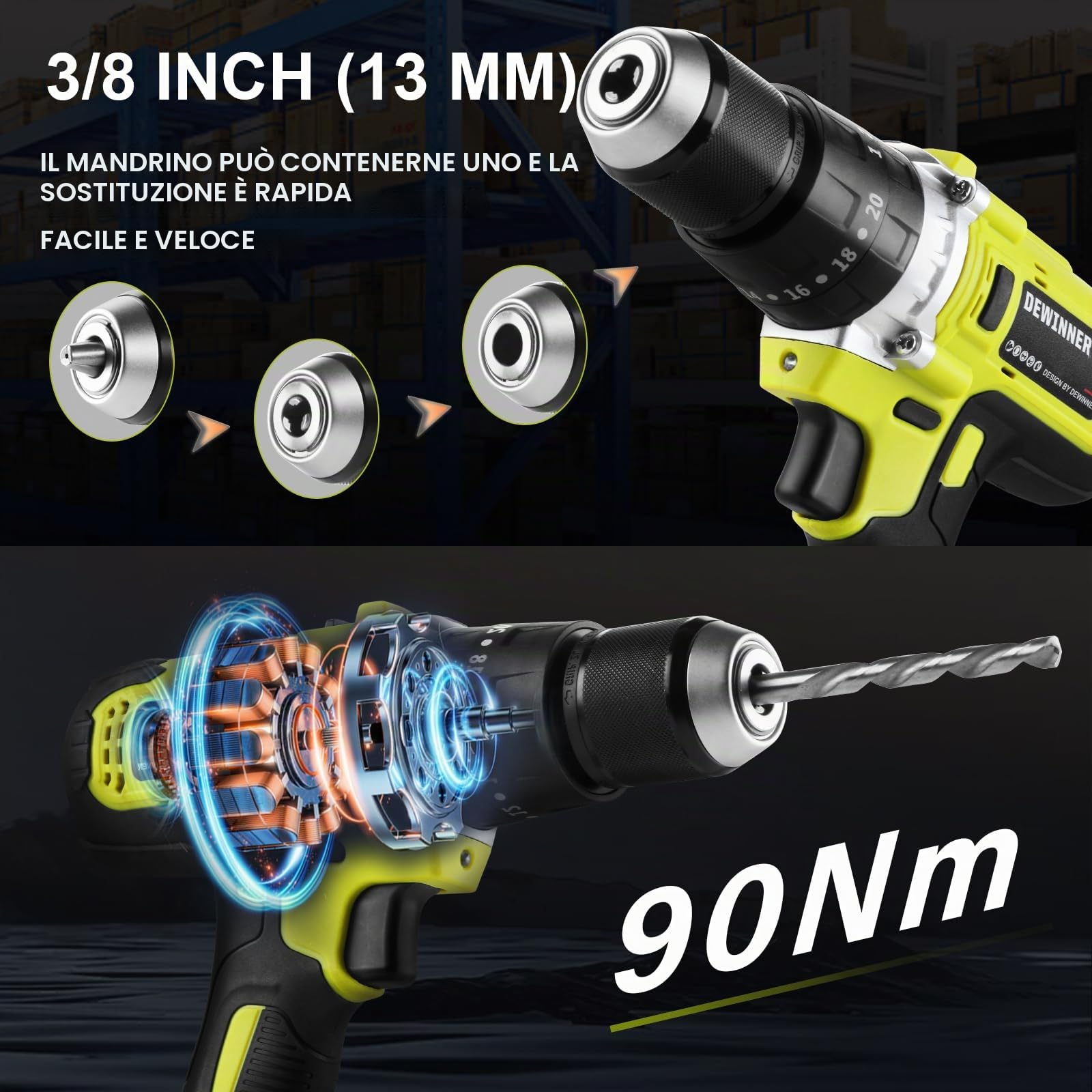DEWINNER Percussione Batteria 21V,90Nm Trapano Avvitatore a Batteria con 2 Batterie 4Ah, 20+3 Coppie, 13mm Mandrino, 2 Velocità, 39 Accessori e Valigetta, per Casa Riparazione, Fai da te