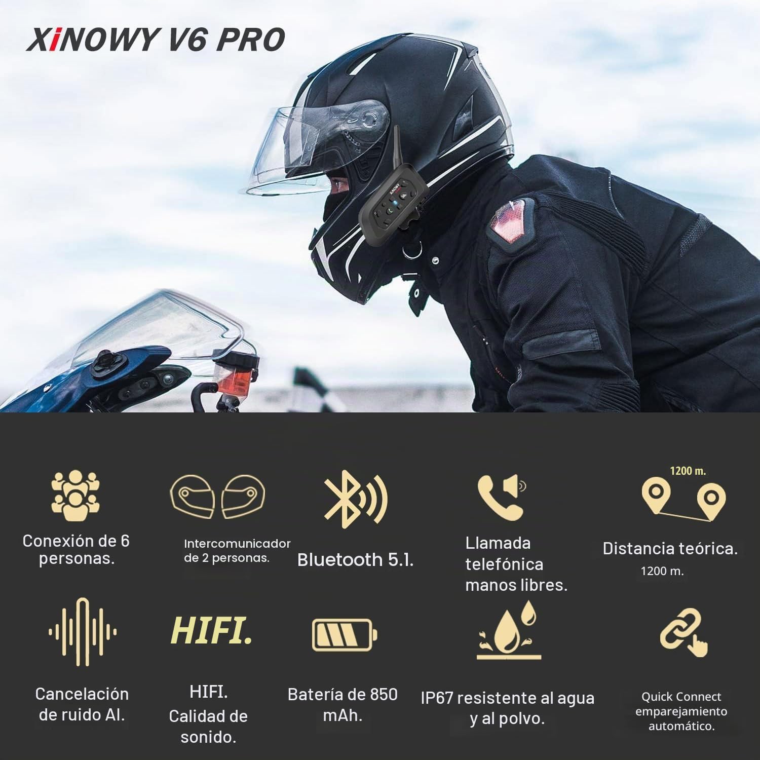 V6 Pro Intercom Moto Auriculares Bluetooth Comunicación Manos Libres para 6 Riders, 1200m, DSP/CVC Reducción de Ruido, Calidad de Sonido HD, IP67 Resistente al agua, Motocicleta/MTB (Pack 2)