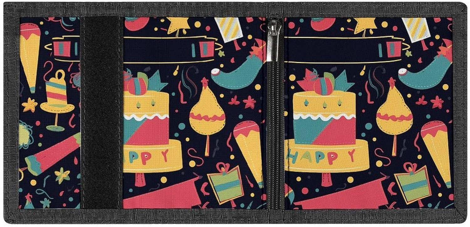 Trifold Canvas Wallet with Keychain, Modern Fashion Credit Card Holder Wallet for Men Women, Happy Birthday Images Slim Wallets W/Zipper Coin Pocket, Novelty Birthday Gift