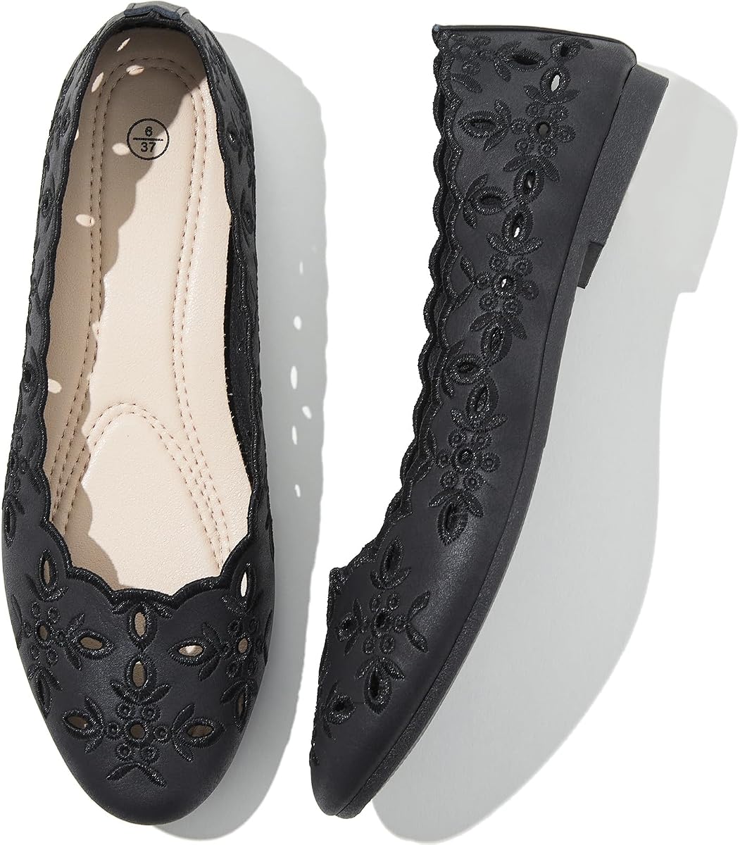 Shupua Zapatos planos de ballet para mujer cómodos zapatos de vestir | Mocasines informales elegantes, transpirables, verano, punta redonda, piel sintética, ojales florales, comodidad, puntera cerrada, señoras