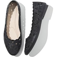 Shupua Women's Comfortable Dress Shoes Ballet Flats Slip On Shoes Black Flats Round Toe PU Leather Flats Summer with Floral Eyelets