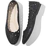 Women's Comfortable Dress Shoes Ballet Flats Slip On Shoes Black Flats Round Toe PU Leather Flats Summer with Floral Eyelets