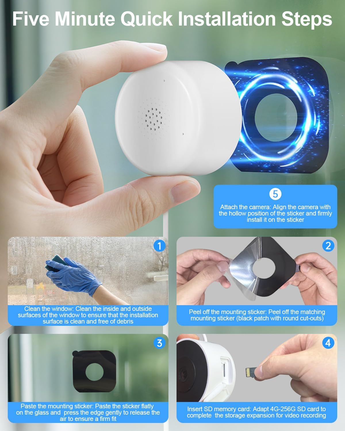 Vivideye 3MP 2K Window Camera,2.4GHz & 5GHz WiFi Indoor Cameras for Home Security with Color Night Vision,Person & Motion Detection,24/7 Recording,Easy & Quick Install,No Drill with Mounting Sticker