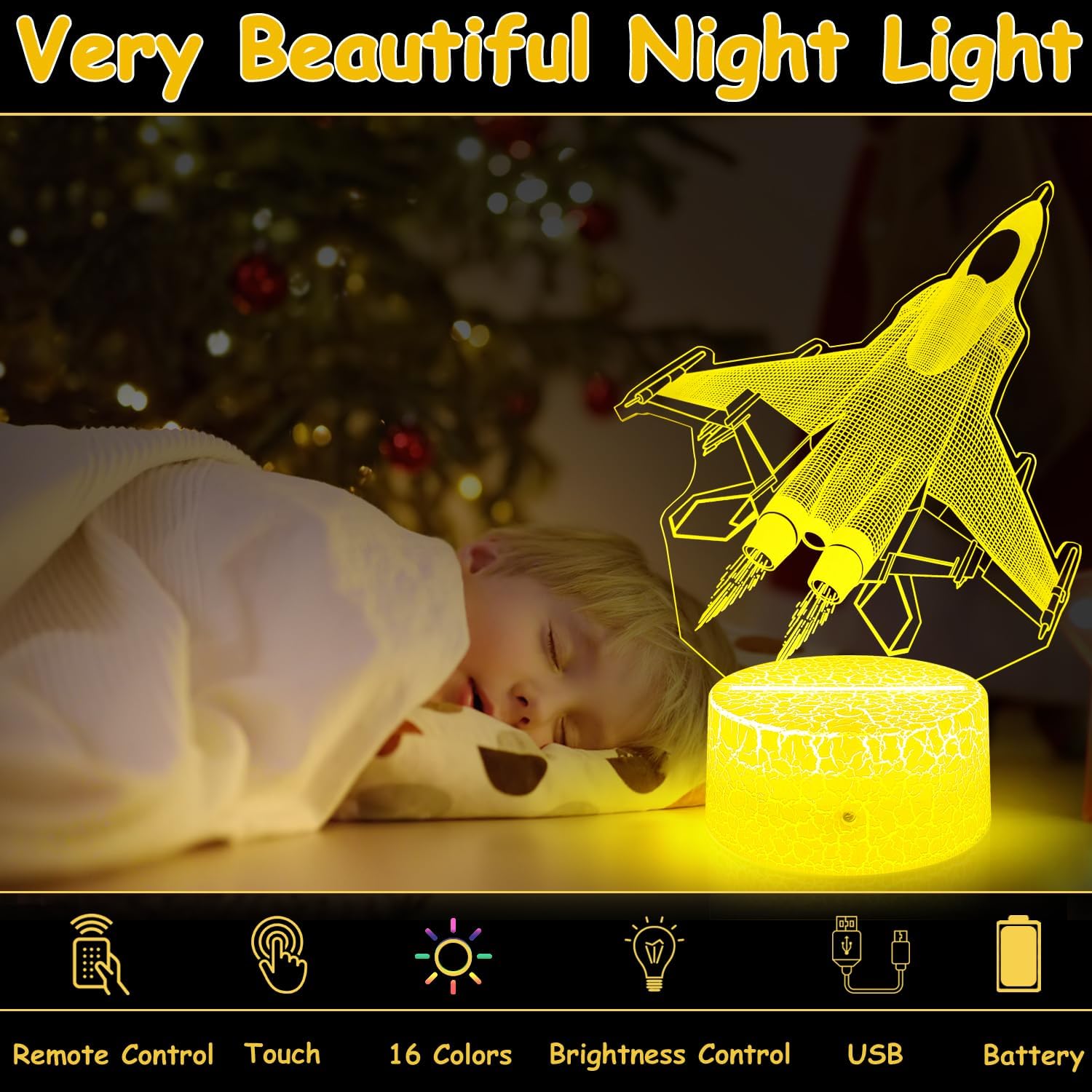 Airplane Night Light Gifts for Boys Men 3D Illusion Lamp Touch &Remote Control with 16 Colors Led Table Lamp for Home Decor Birthday Christmas Gifts for Kids or Fighter & Military Enthusiast