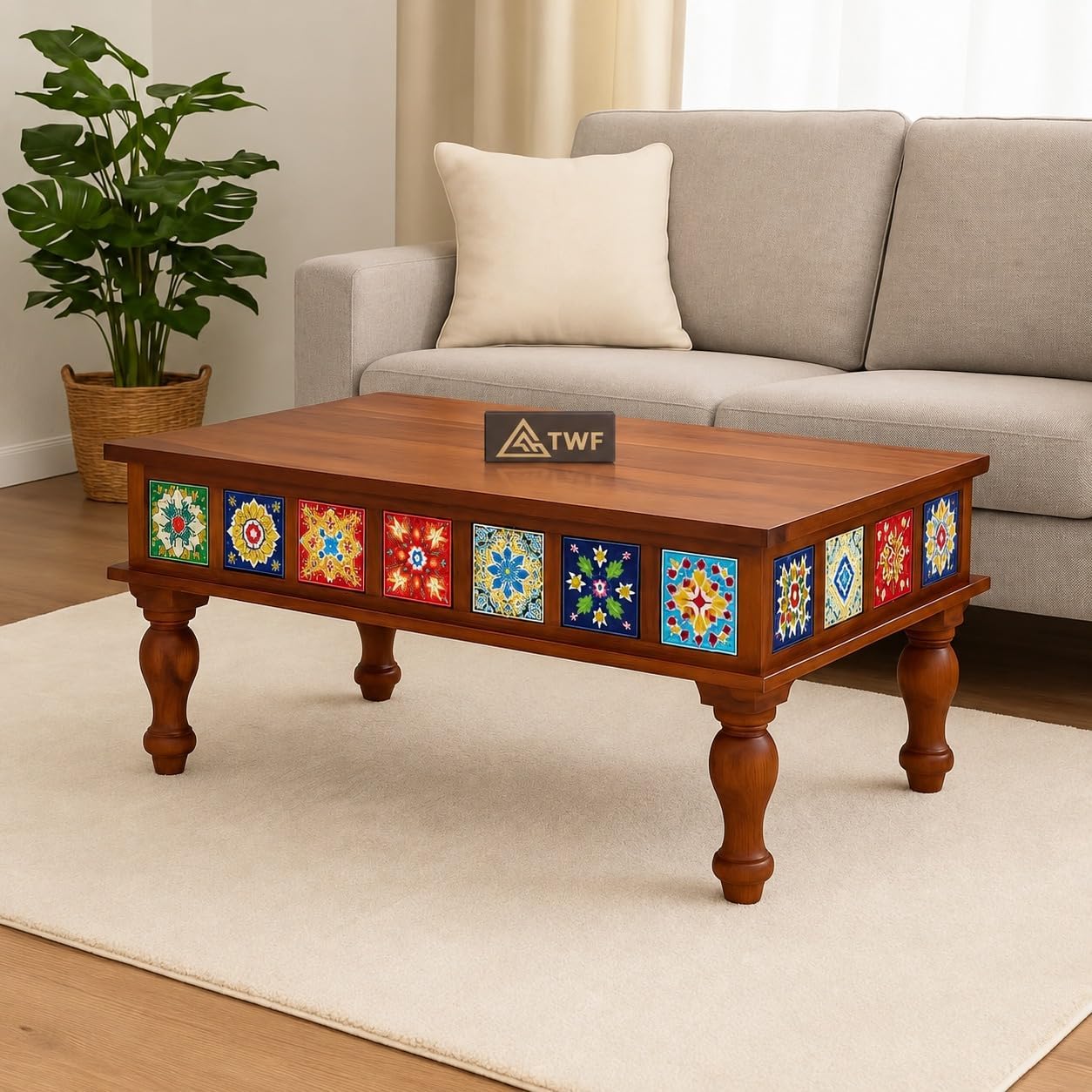 Sheesham Wood Rectangle Center Coffee Table for Living Room | Centre Table for Drawing Room, Office & Home | Multicolor Tiles Design| Honey Finish