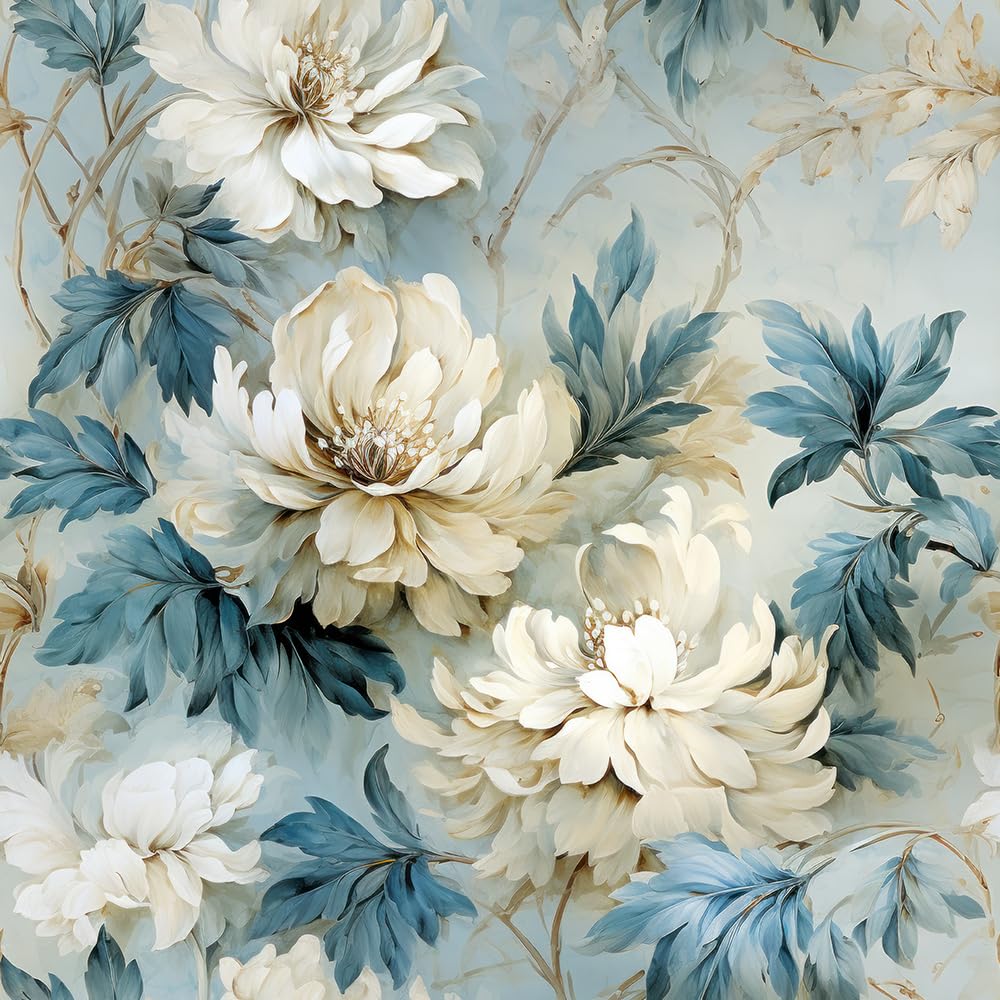 Redamancy Blue Vintage White Peony Flower Wallpaper, Easy Peel-Off, Renter Friendly, 17.7"X236"