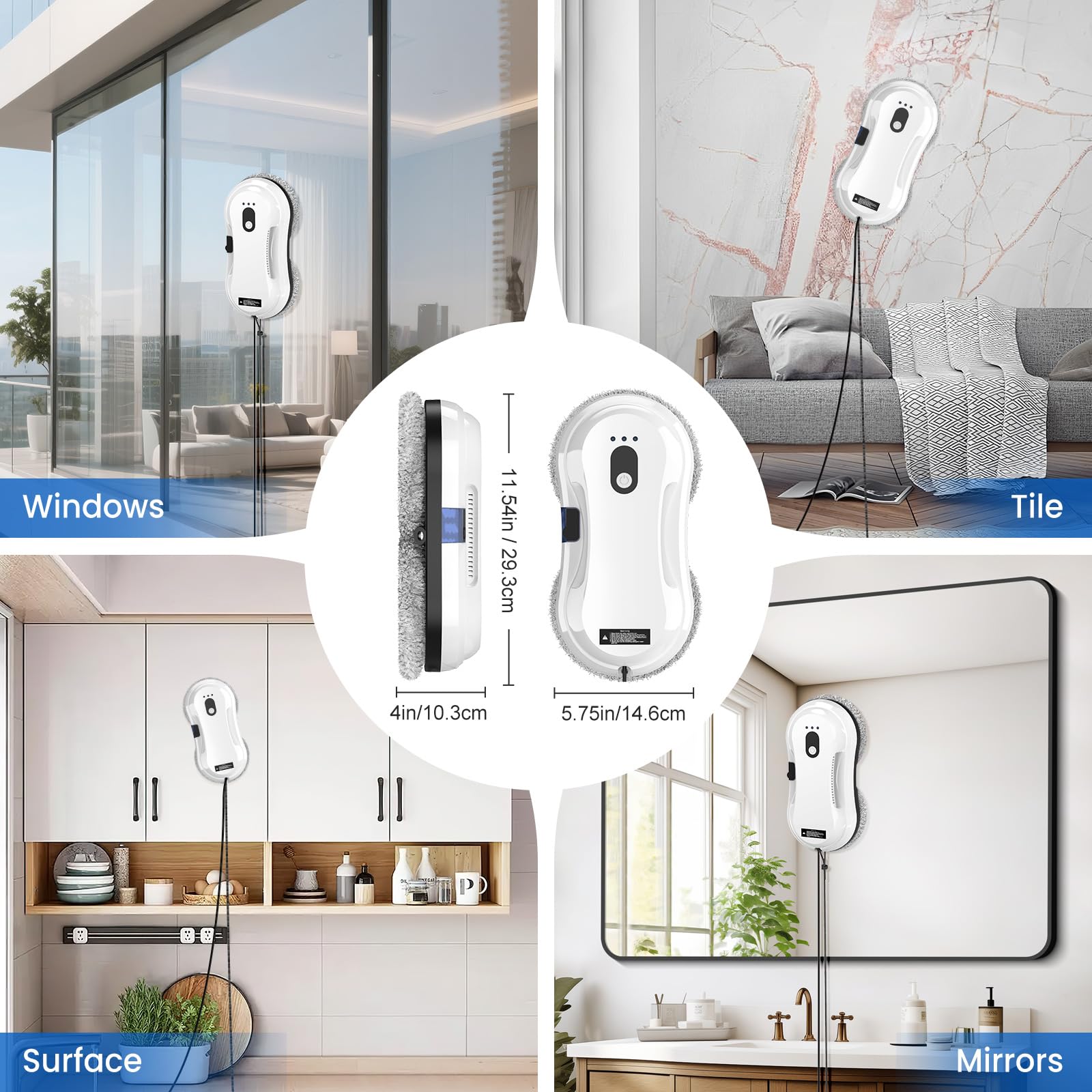 Robot Limpiacristales, 5600Pa Robot Limpiador de Ventanas con Pulverización Automática, 3 Modos de Limpieza, Sistema de Seguridad, Detección Inteligente de Bordes, Control Remoto e 10 Trapo