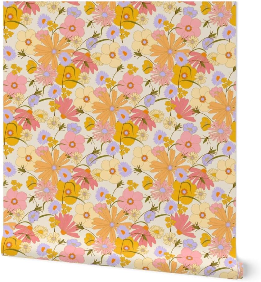 Spoonflower Peel & Stick Wallpaper Swatch - 70S Vintage Floral Retro ...