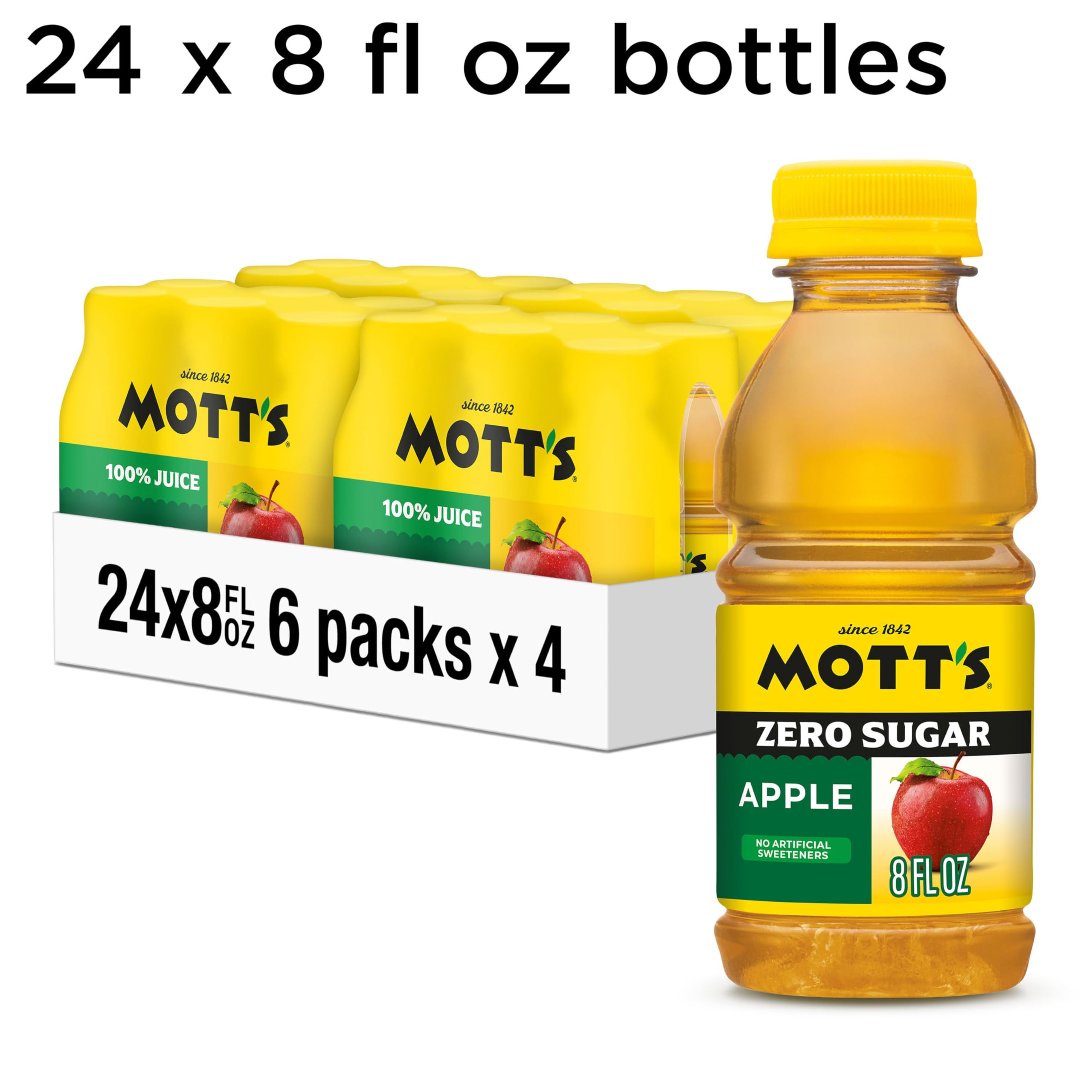 Mott's Zero Sugar Apple Juice Drink, 8 fl oz bottles, 24 Count (4 Packs of 6), Apple Flavor, Excellent Source of Vitamin C