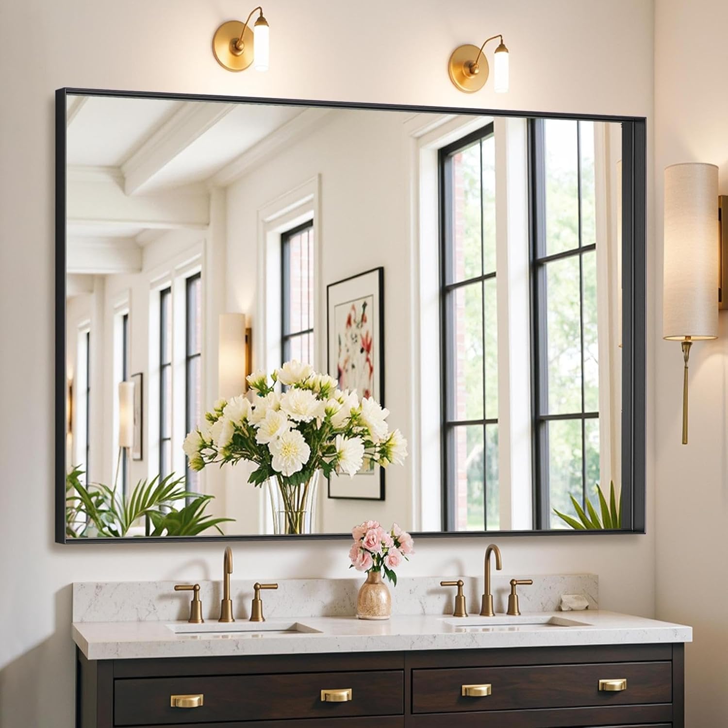 Black Bathroom Mirror 40x30 Inch, Rectangle Mirror with Metal Deep Frame, Wall Mirrors for Over Sink, Vanity, Bedroom, Bathroom, Hangs Horizontally or Vertically