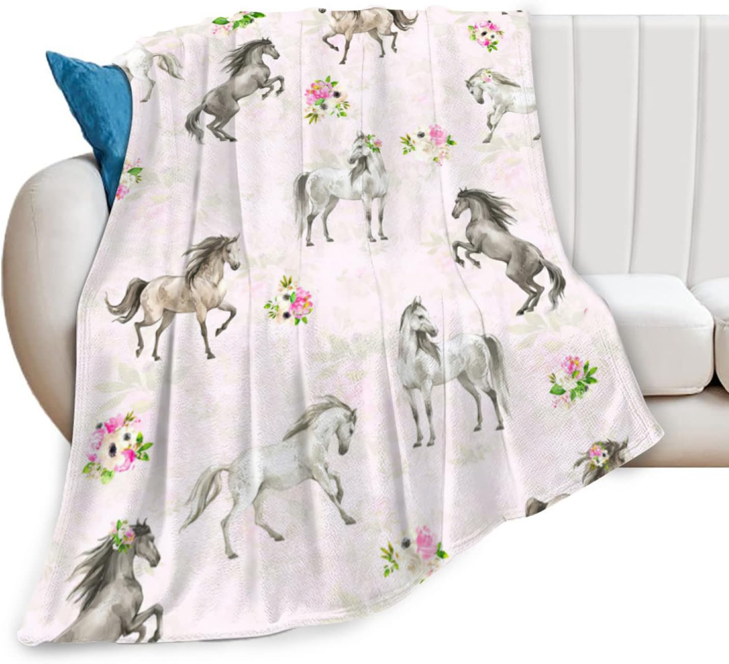 Horse Blanket Gifts for Girls Women Western Horses Flowers Animal Fleece Flannel Throw Blankets Soft Lightweight Horse Plush Stuff Pink Throws for Kids Adults Bed Sofa Decor 50"x40"