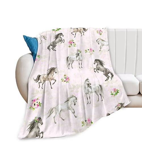 Horse Blanket Gifts for Girls Women Western Horses Flowers Animal Fleece Flannel Throw Blankets Soft Lightweight Horse Plush Stuff Pink Throws for Kids Adults Bed Sofa Decor 50"x40" - Cute Horse - 50"x40" for Kids