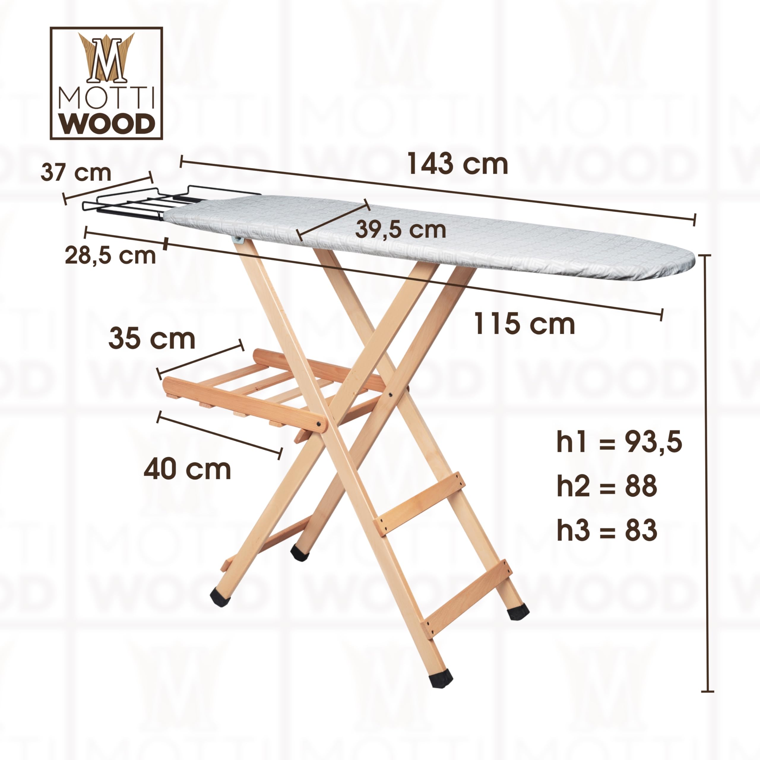 Asse da Stiro Premium, 100% Legno Massiccio di Faggio, Tavola da Stiro con Fori Traspiranti, Pieghevole, 3 Posizioni, 143x37,5x93,5, Made in Italy
