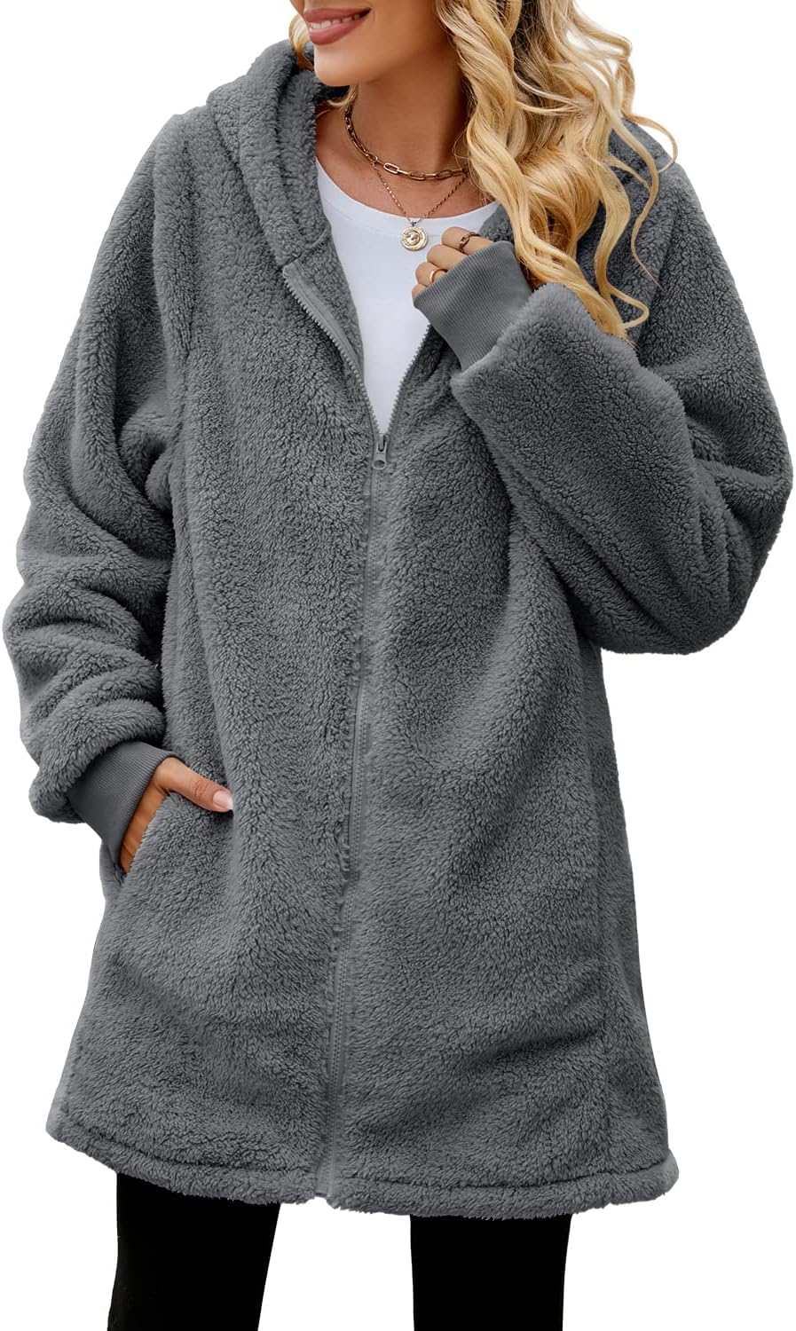 Yanekop Womens Oversized Sherpa Jacket Fuzzy Fleece Zip Up Jacket Warm Winter Coats Faux Fur Coat with Pockets - Image 3