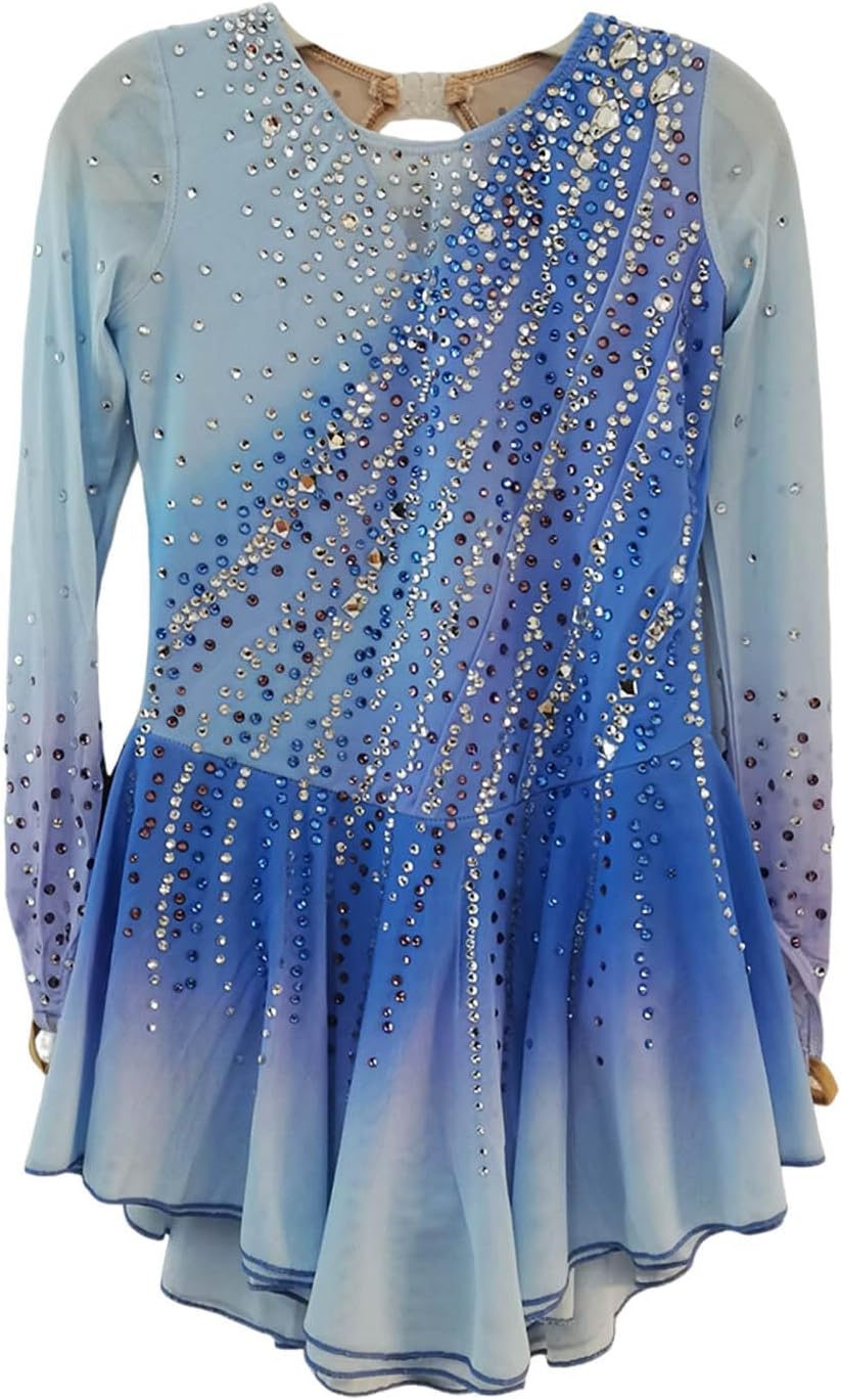 LIUHUO Women's figure skating costume with blue long sleeves and gemstone decorations