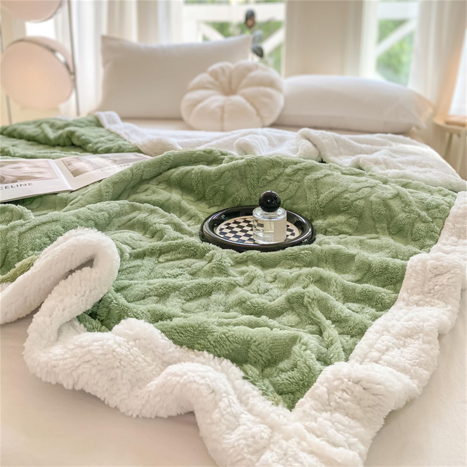 ENEN Mantas para Sofa Cama de Sherpa, Forro Polar Cálido + Sherpa Suave Sábanas Manta Felpa Invierno Textura Jacquard Blanket para Mascota Cama Habitacion Dormitorio (Rombo Verde,200x230cm)