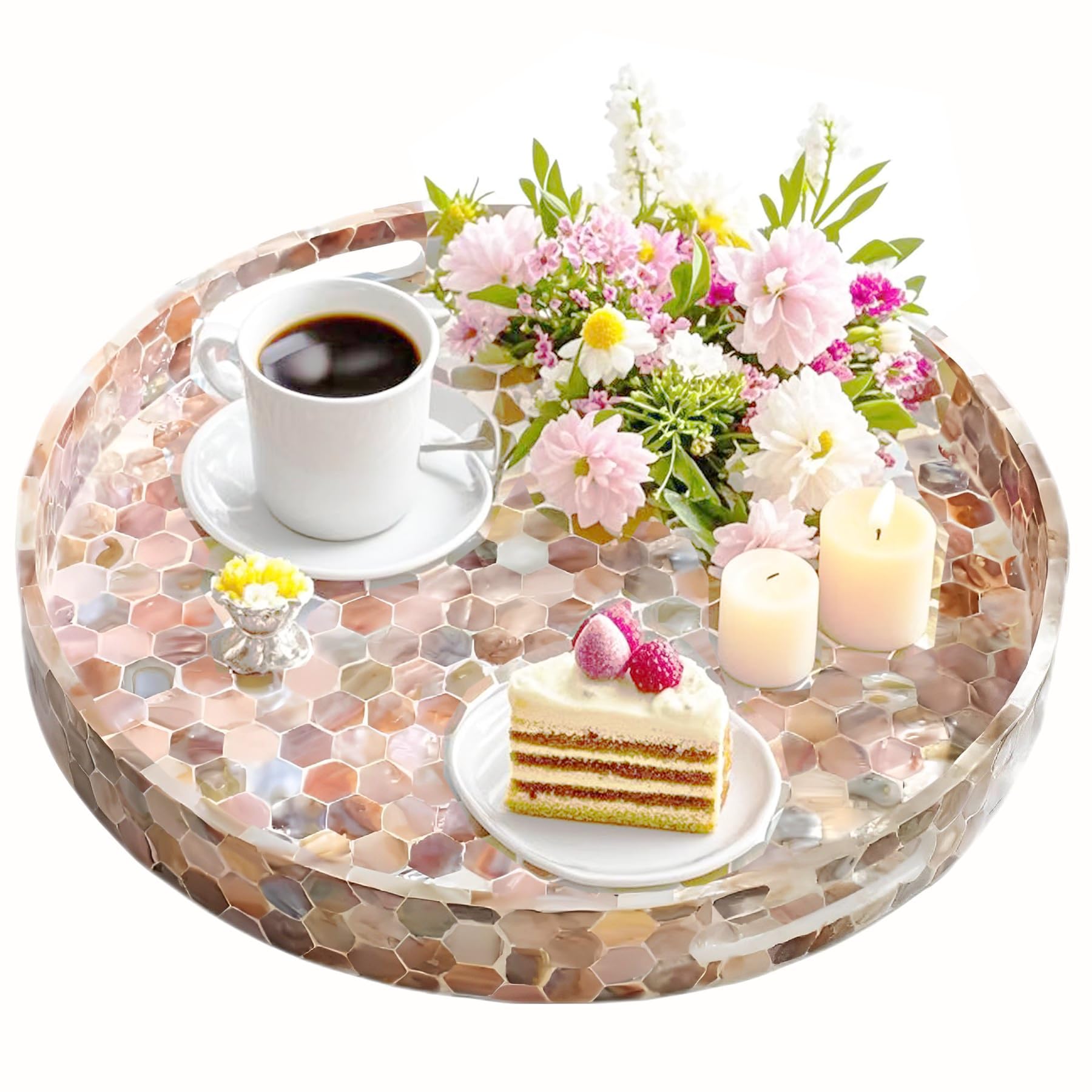 i-lan 16 Inch Mother of Pearl Inlay Decorative Serving Tray with Handles,Round Wooden Marble Decorative Mosaic Home Serving Tray Platter for Tea,Breakfast,Display