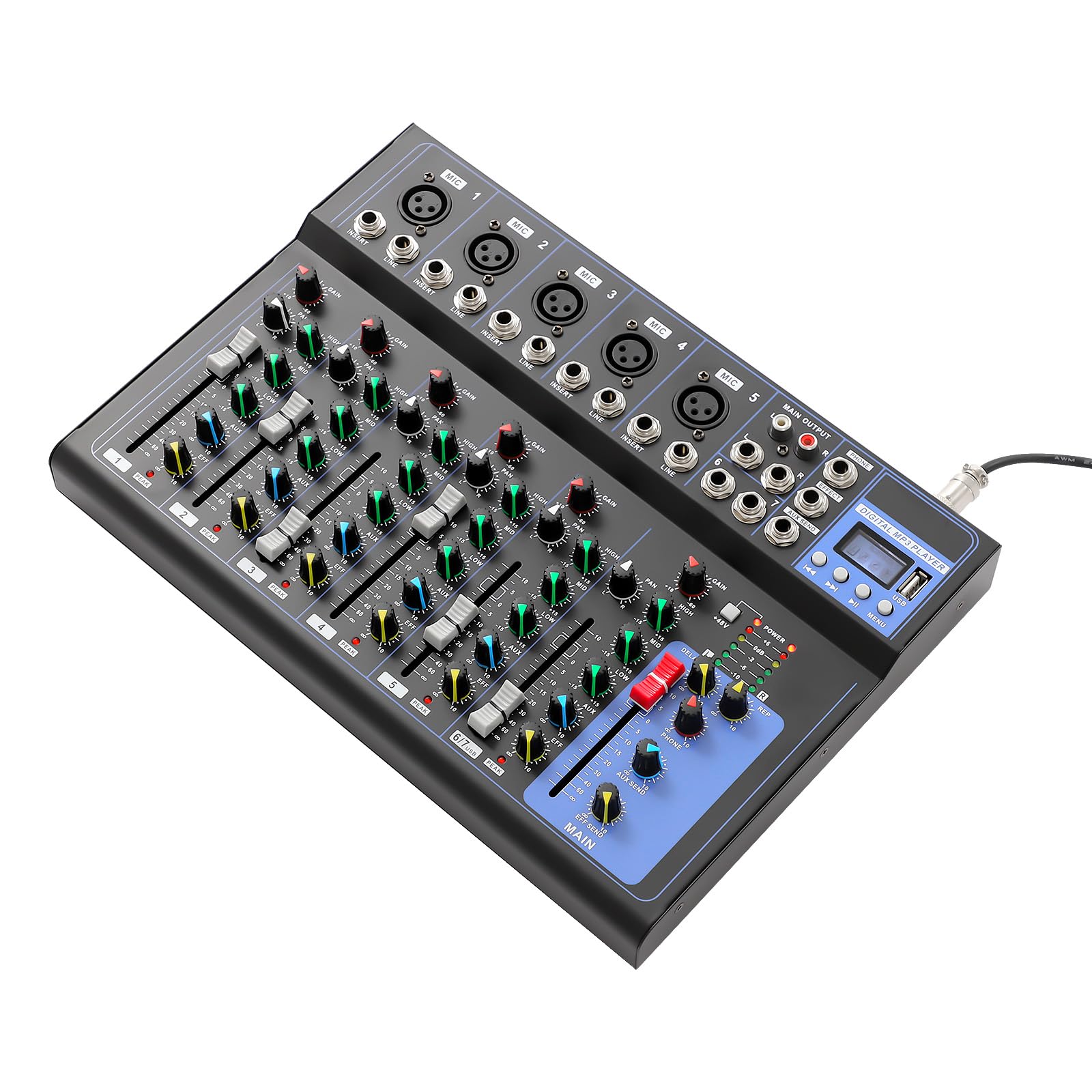 Mixer audio a 7 canali con Bluetooth e alimentazione phantom da 48 V, mixer digitale DJ per live streaming, podcast e home studio, con interfaccia USB