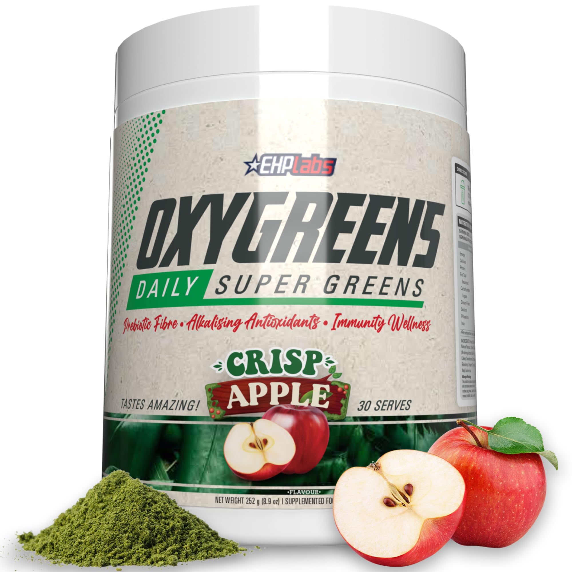 EHP Labs OxyGreens Super Greens Powder - Spirulina & Chlorella Superfood, Green Juice Powder & Greens Supplements with Prebiotic Fibre, Antioxidants & Immunity Support, 30 Serves (Crisp Apple)