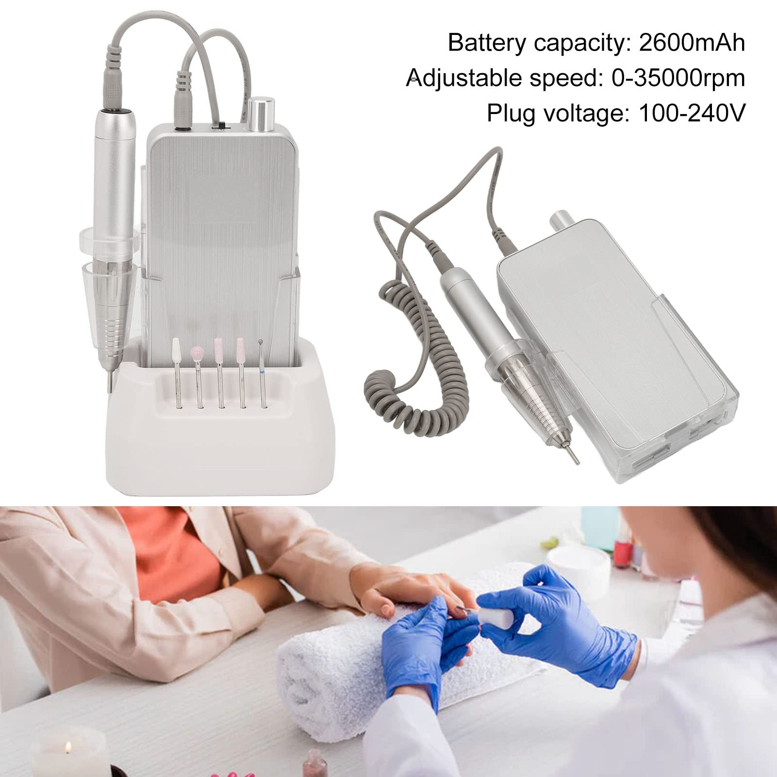 35000 U/min Maniküre-Pediküre-Set, Elektrische Tragbare Wiederaufladbare 2600-mAh-Akku-Nagelbohrmaschine, Professionelle Maniküre-Pediküre-Polierformwerkzeuge für Zuhause und Salon, Silber(#1)