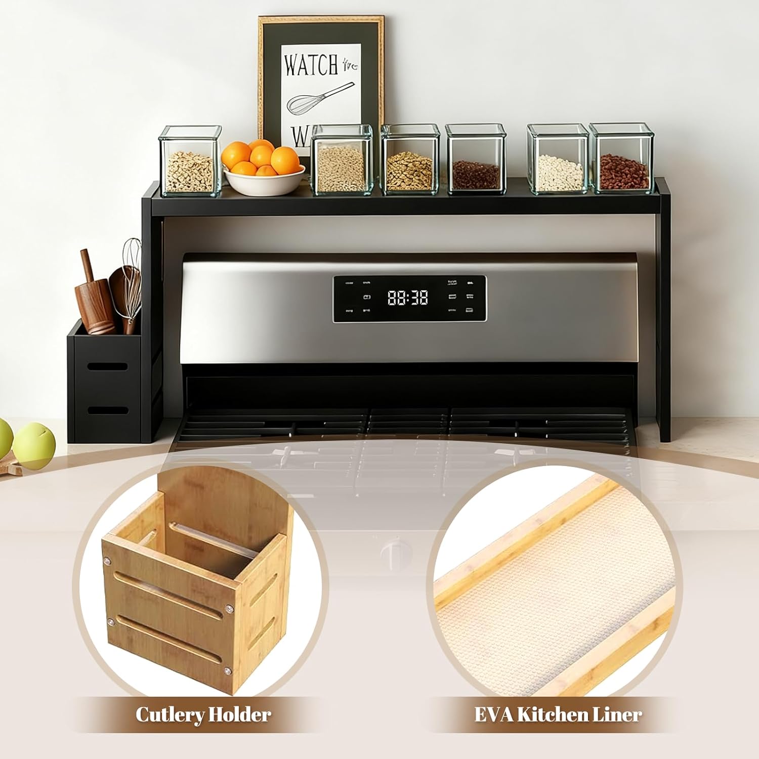 31-inch bamboo stove rack for above the hob, kitchen bamboo spice rack, supports up to 50 pounds. Bamboo stove rack for storing spices and kitchen utensils. (Black)