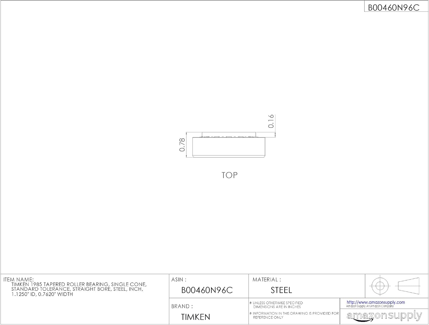 Timken 1985 Tapered Roller Bearing, Single Cone, Standard Tolerance, Straight Bore, Steel, Inch, 1.1250" ID, 0.7620" Width