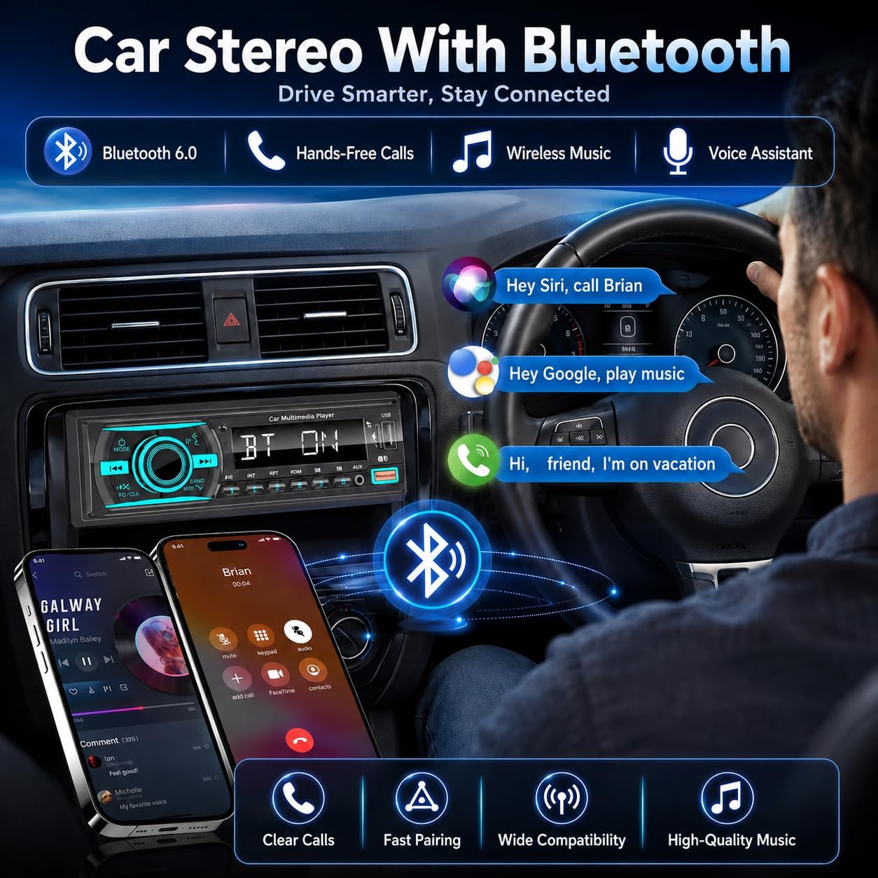 Single Din Radio Car Stereo with Bluetooth - FM, USB, EQ, AUX, App, No CD image 3