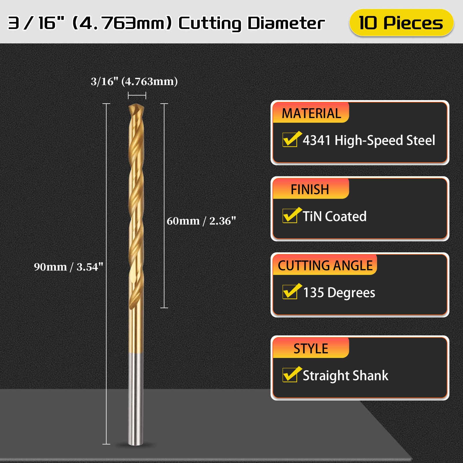 CoCud 4.8mm Drill Bit, 3/16" Cutting Diameter, 4341 HSS Jobber Bits TiN Coated 135° Cutting Angle - Image 2