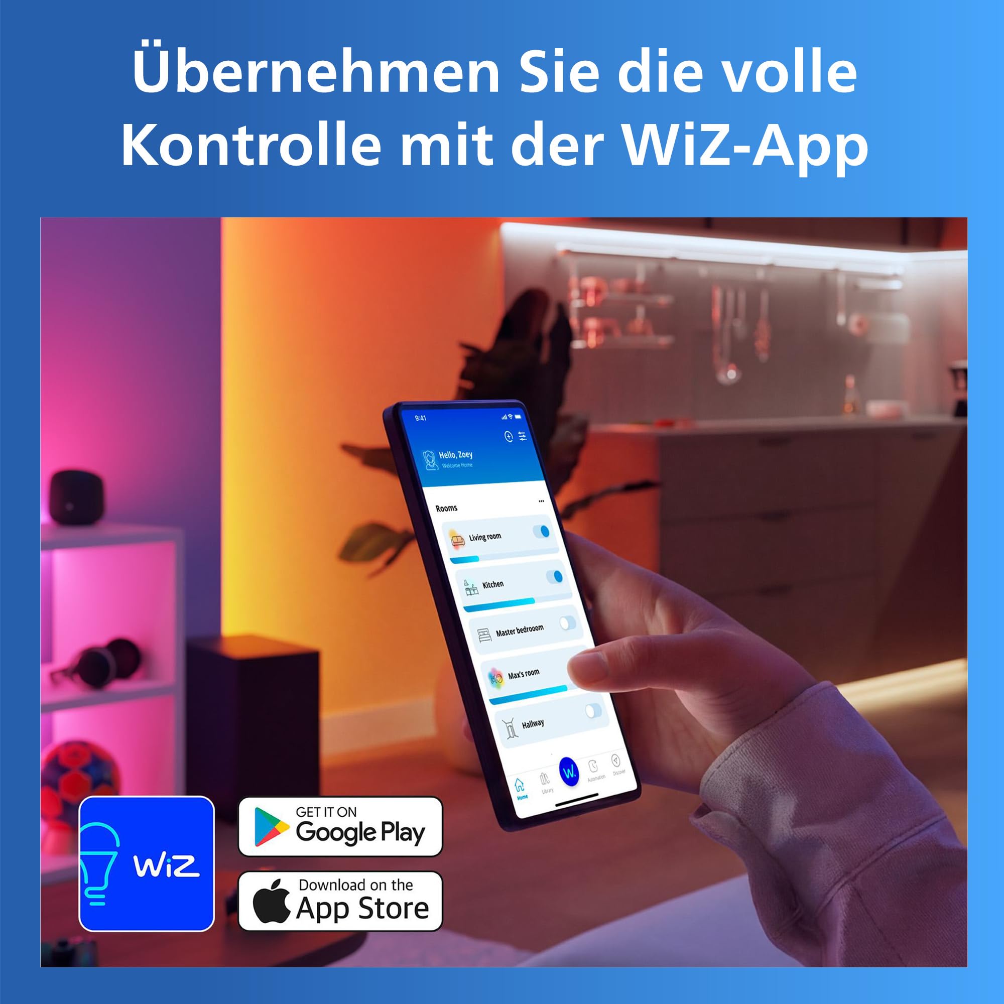 Philips Smart Lighting RGB-LED-Streifen, 5 m, Typ C, 16 Mio. Farben, Voreingest. Lichtmodi, Zuschneidbar, Einf. Einrichtung, Kompatibel m. WLAN, Connected by WiZ, Google Home, Alexa, Apple Home