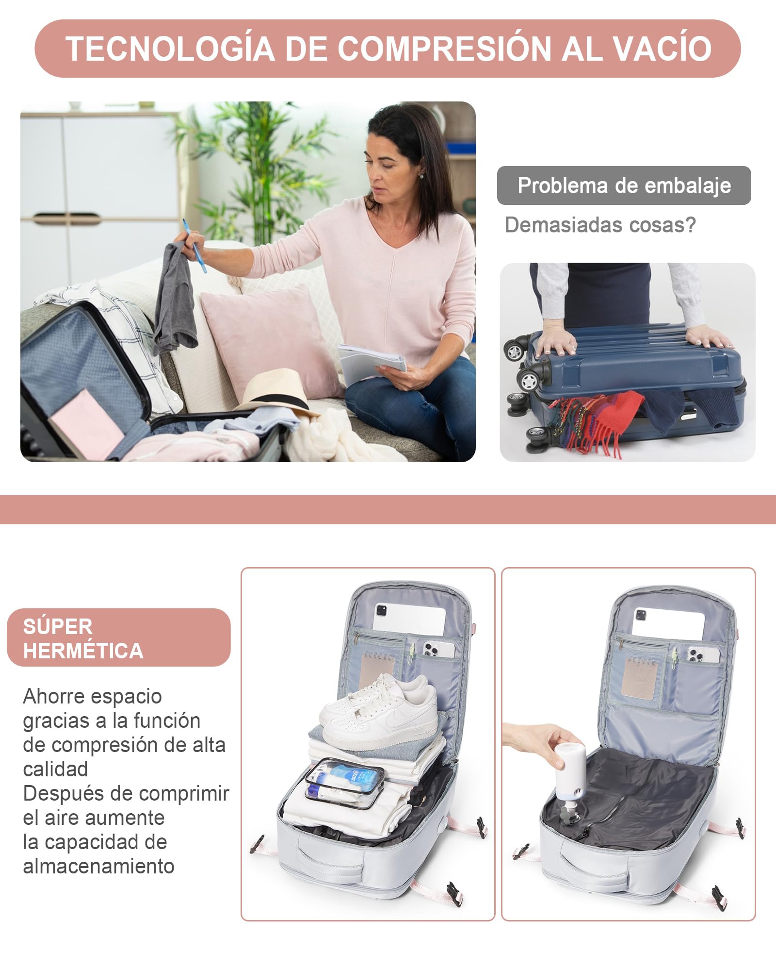 suradar Mochila al Vacío, Mochila Viaje Vacio con Bomba Travel Backpack Bolsa de Cabina Avion 45x36x20 para EasyJet Equipaje de Mano con Sistema Compresion para Hombre y Mujer Gris