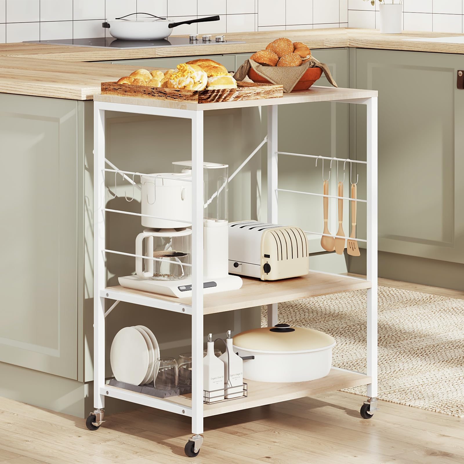 WOLTU Estantería de Cocina con Ruedas, Carrito Auxiliar con Estanteria Almacenaje 3 Niveles, Carro Cocina con 4 Ganchos, Estante de Microondas, Marco Metalico, Blanco + Roble Claro, 60x40x82,5 cm