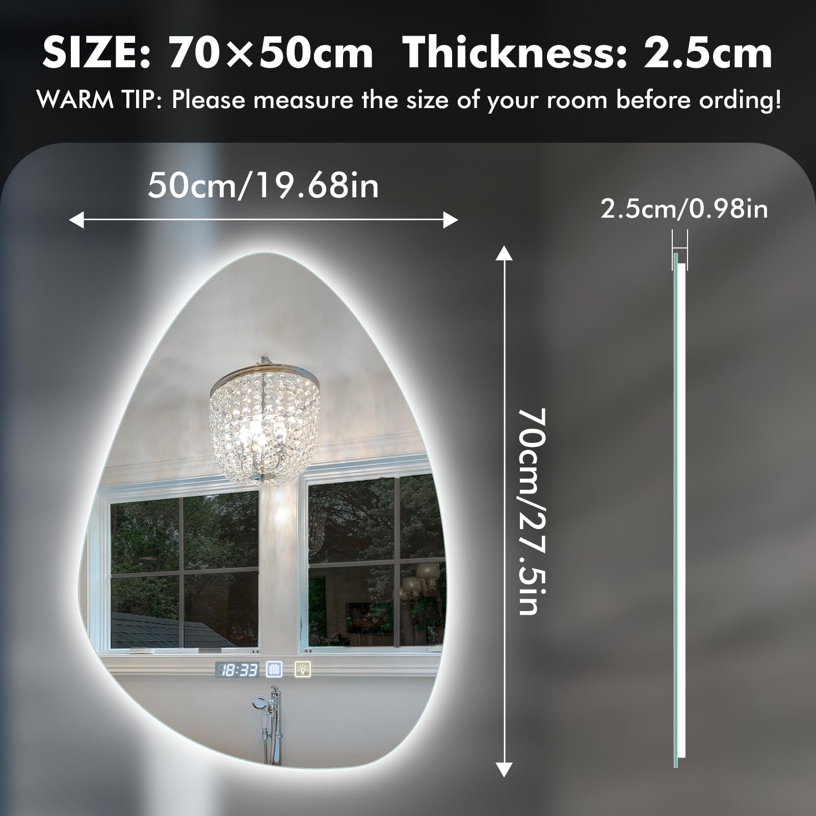 Badkamerspiegel met Verlichting - 100×60 CM- Anti-condens - 3 LED standen